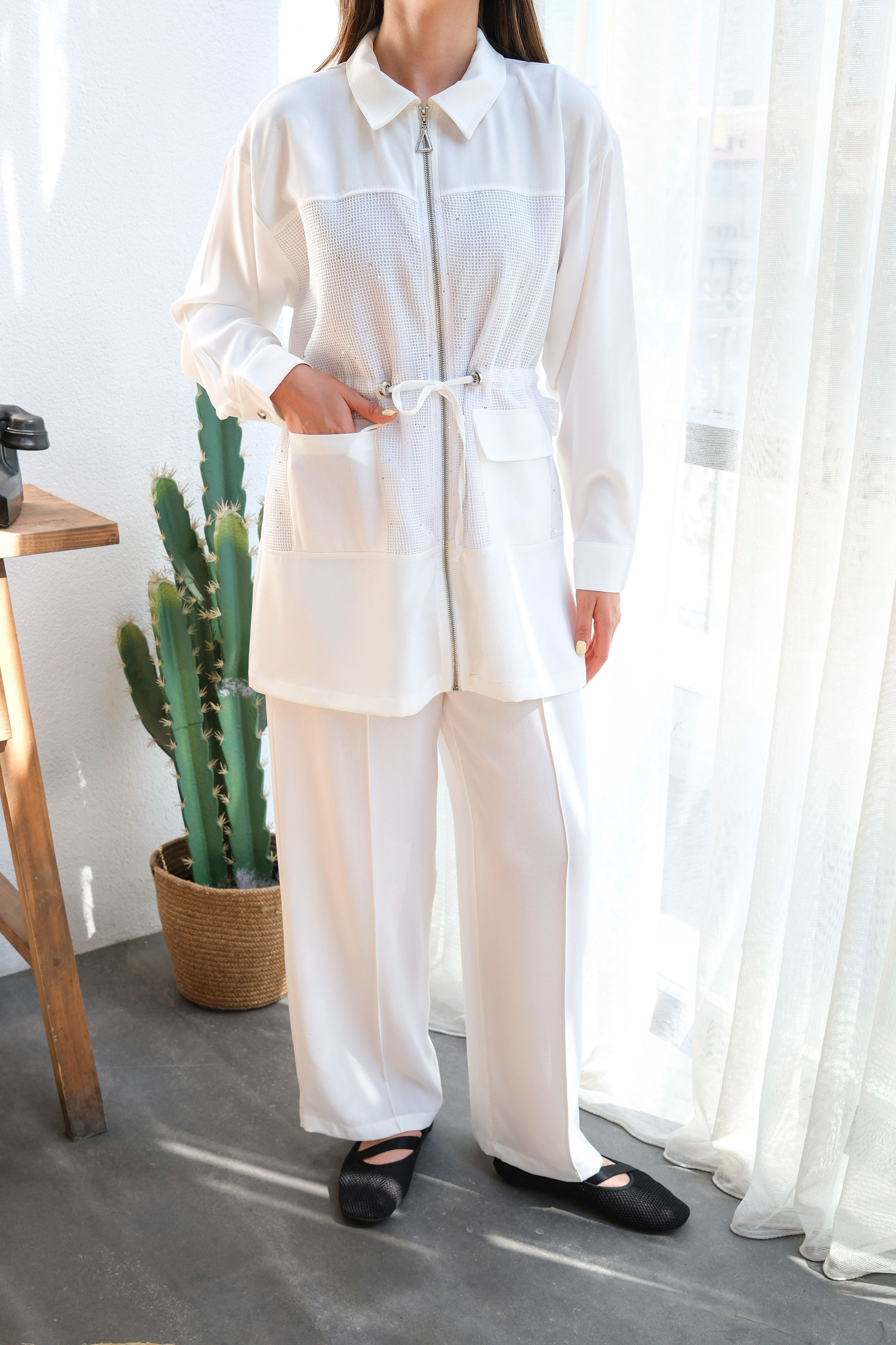 Wholesale Linda Fabric Sequin Detail Waist Tunnel Two Piece Suit - 10677 Product Information - Ecru