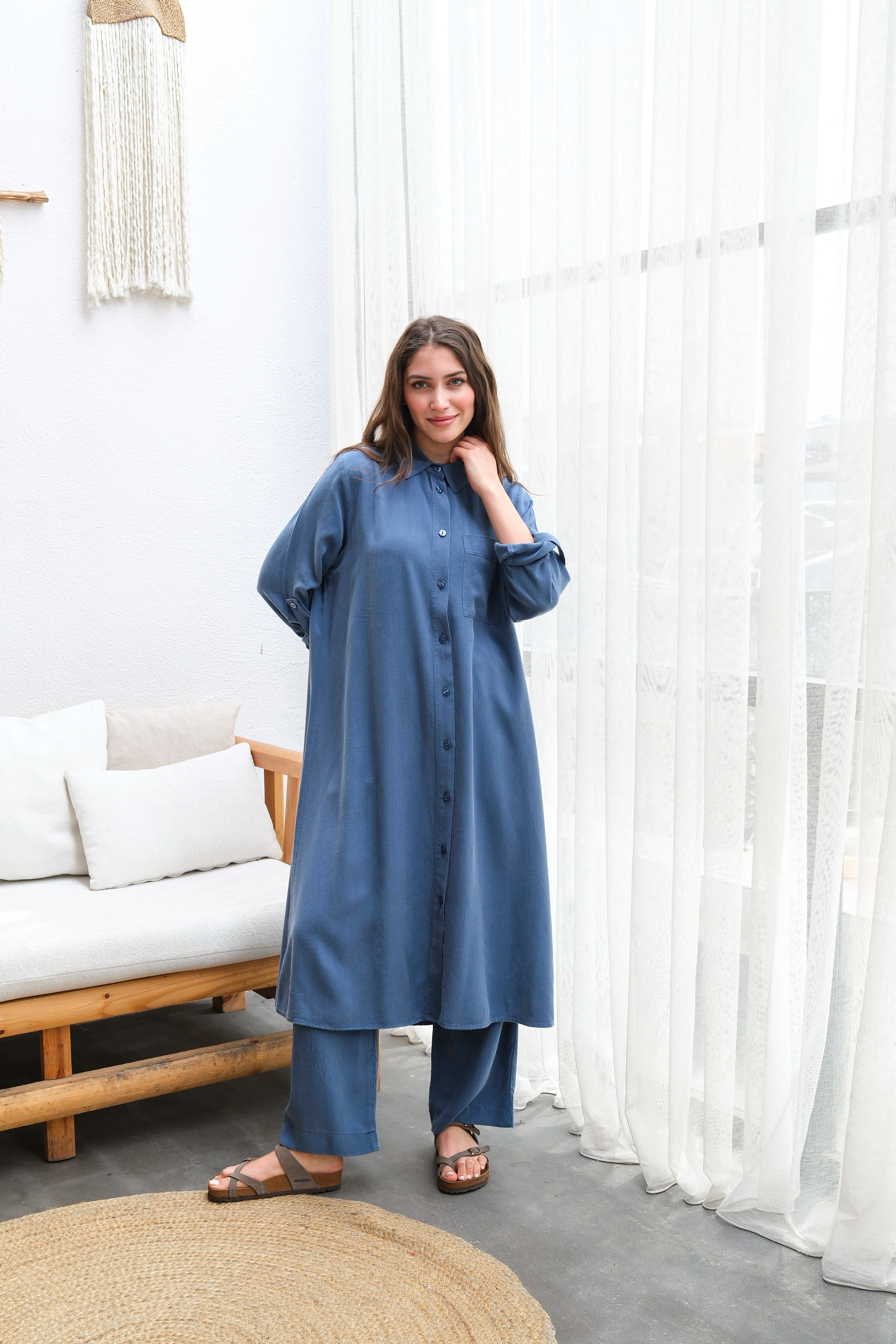 Toptan Tensel Kumaş Tuniği Uzun Düğmeli Battal Beden İkili Takım - LACİVERT