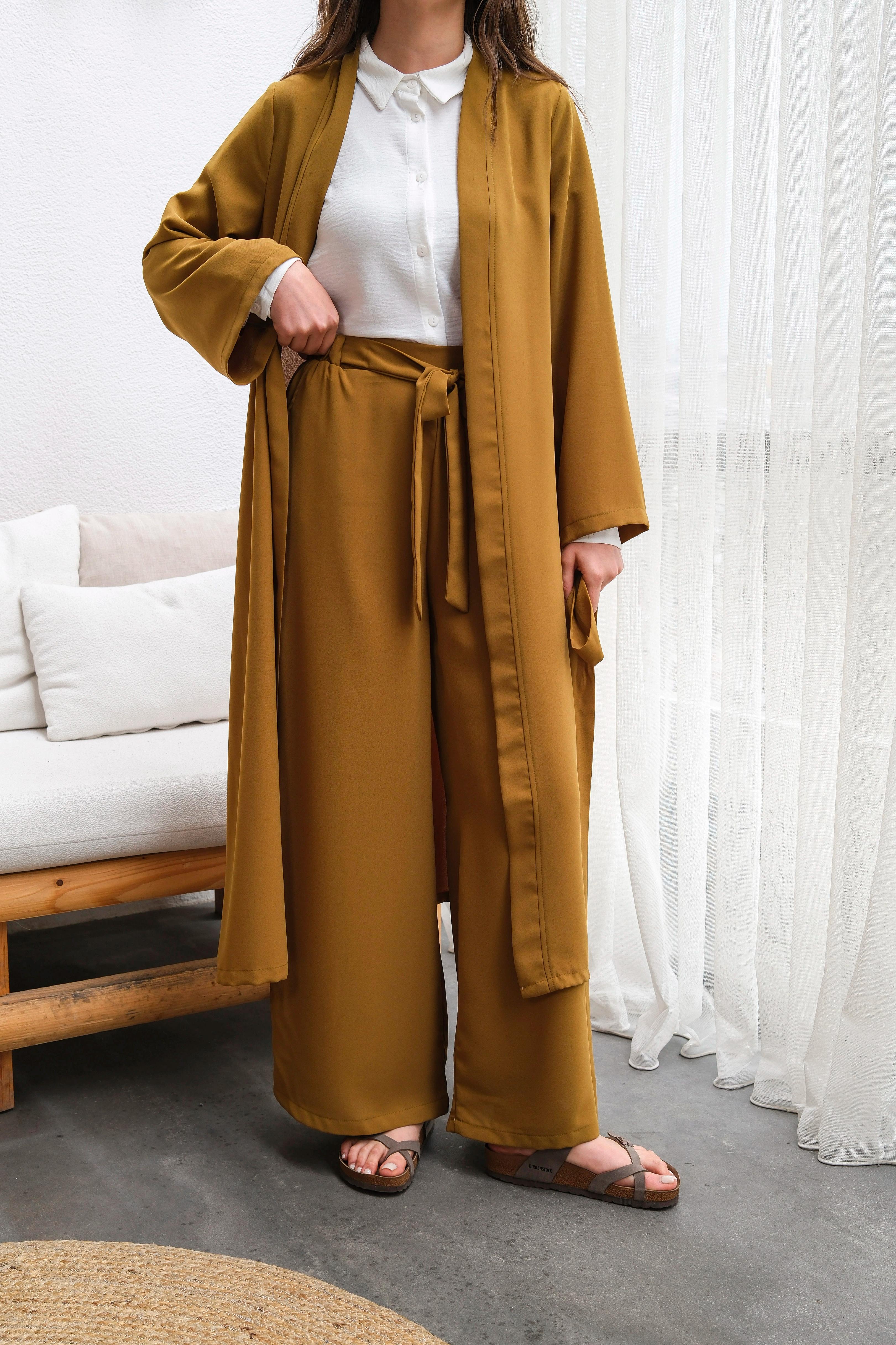Wholesale Thin Crepe Fabric Belted Two Piece Suit - 10634 Product Information - Olive Green