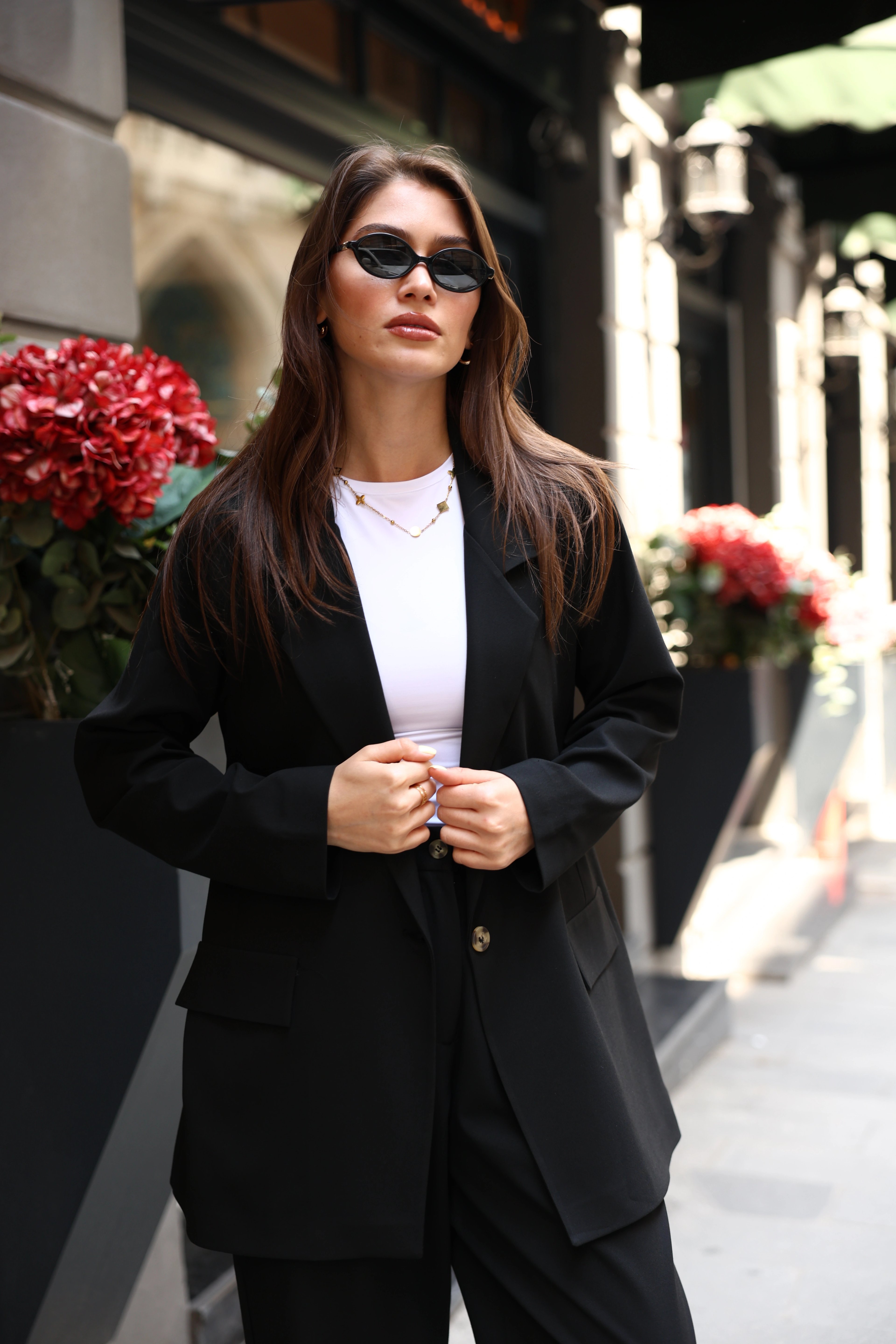 Toptan İthal Keten Kumaş Blazer Ceketli İkili Takım - SİYAH