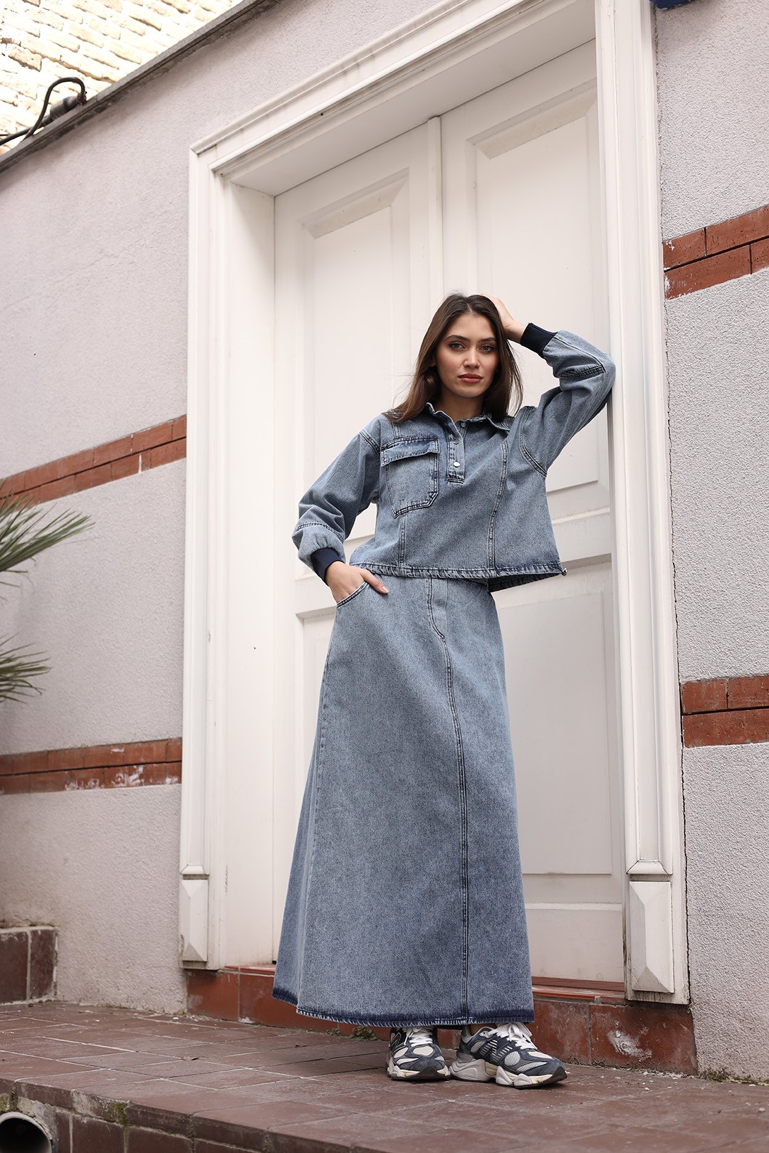 Wholesale Denim Fabric Double Skirt Set - 8201