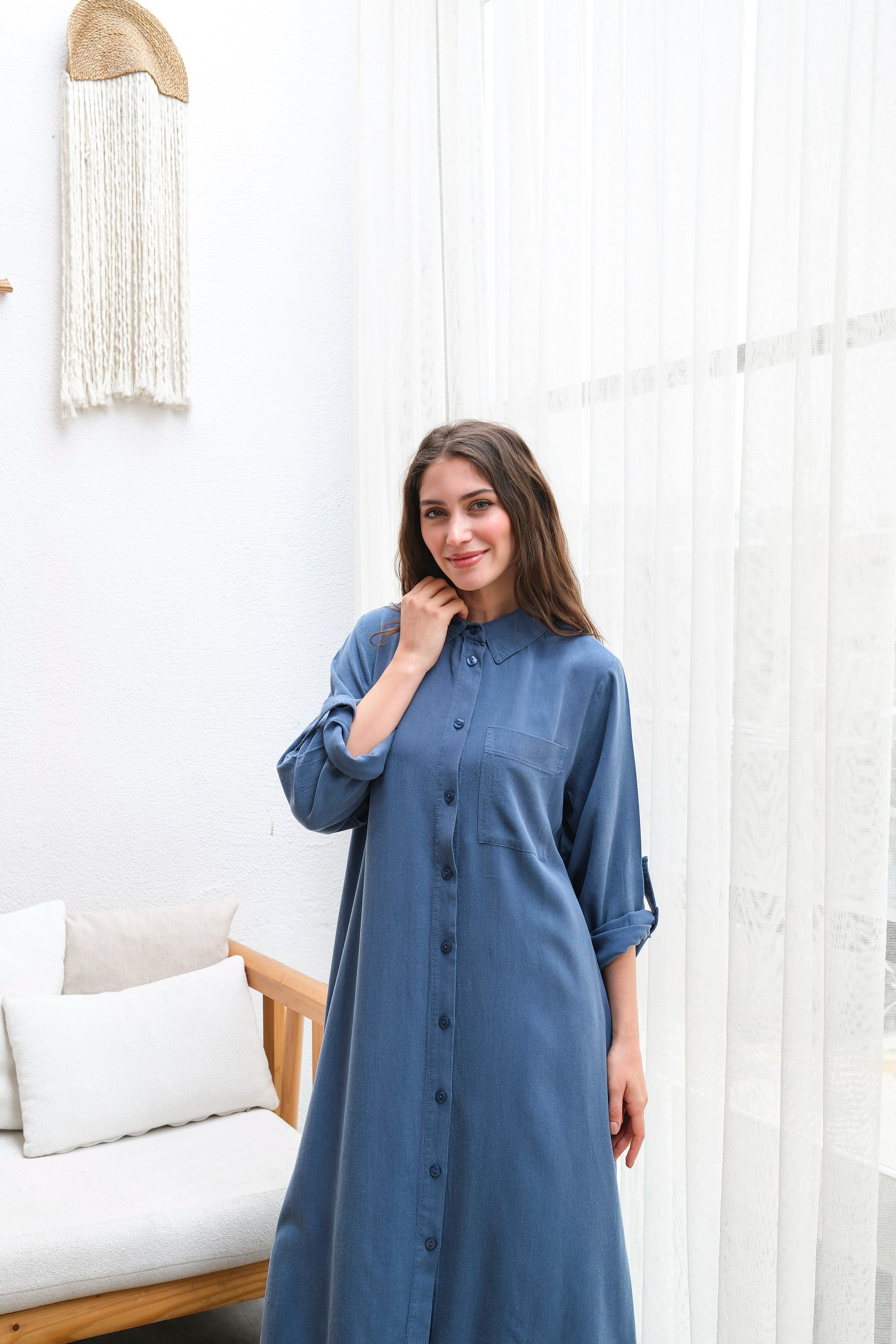 Toptan Tensel Kumaş Tuniği Uzun Düğmeli Battal Beden İkili Takım - LACİVERT