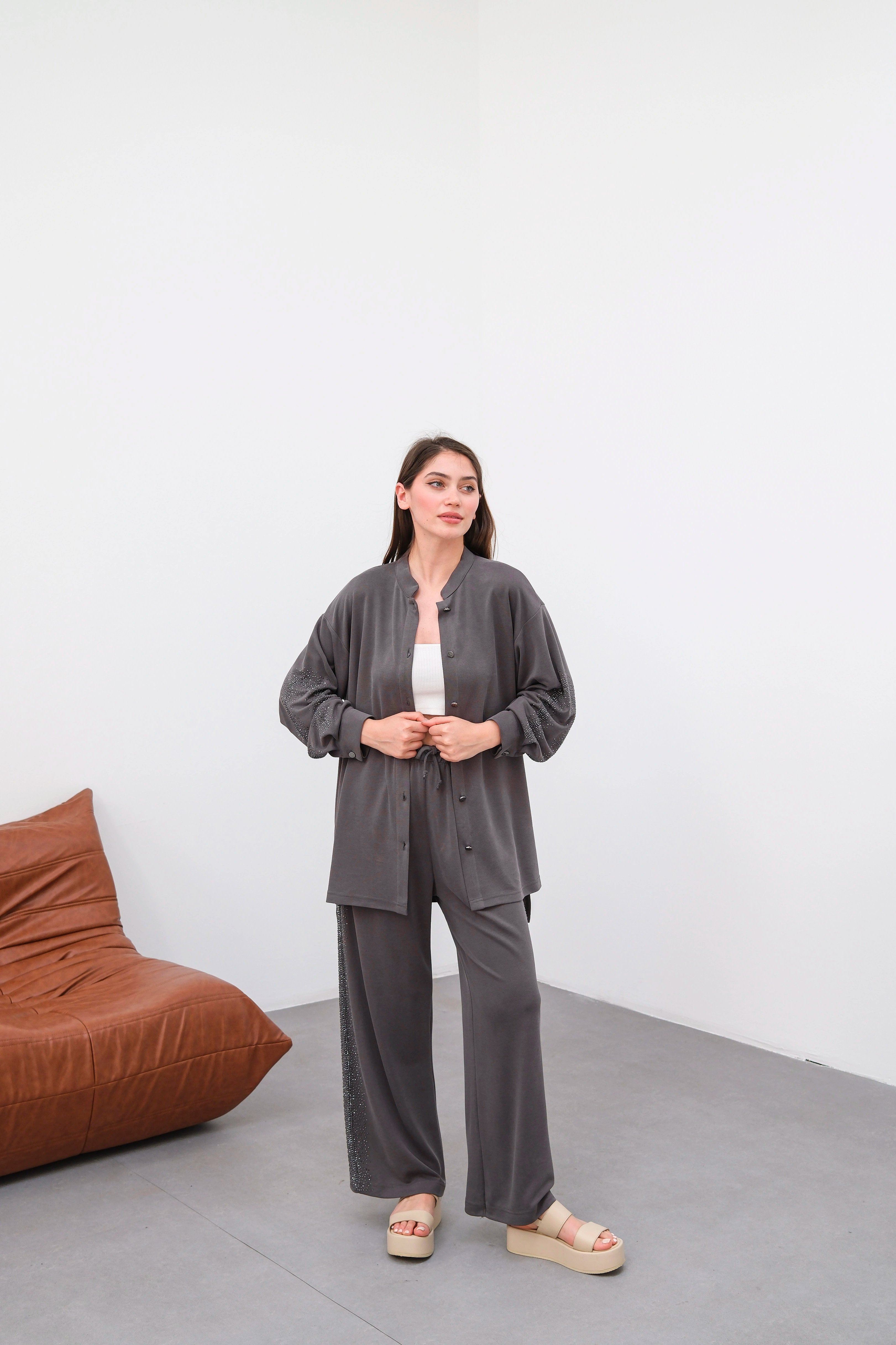 Wholesale Knitted Cupra Fabric Stone Embellished Two Piece Suit - 10657 Product Information - Smoke Gray