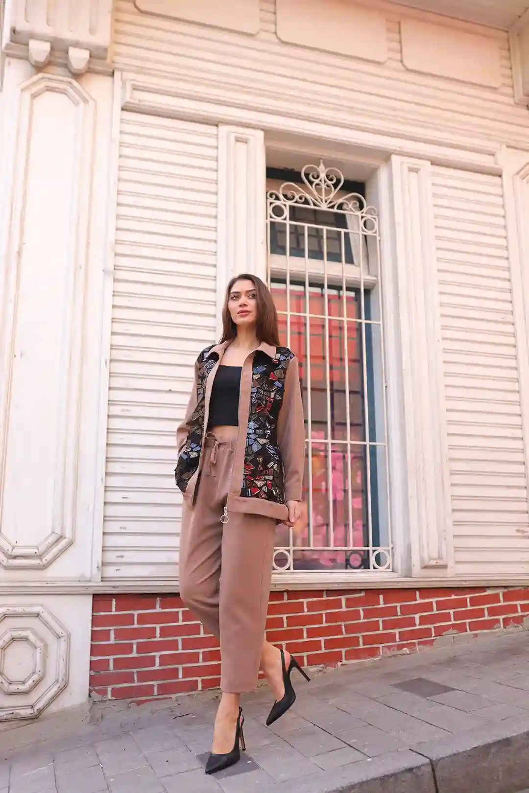 Toptan Krep Kumaş Ceketi Desenli İkili Takım