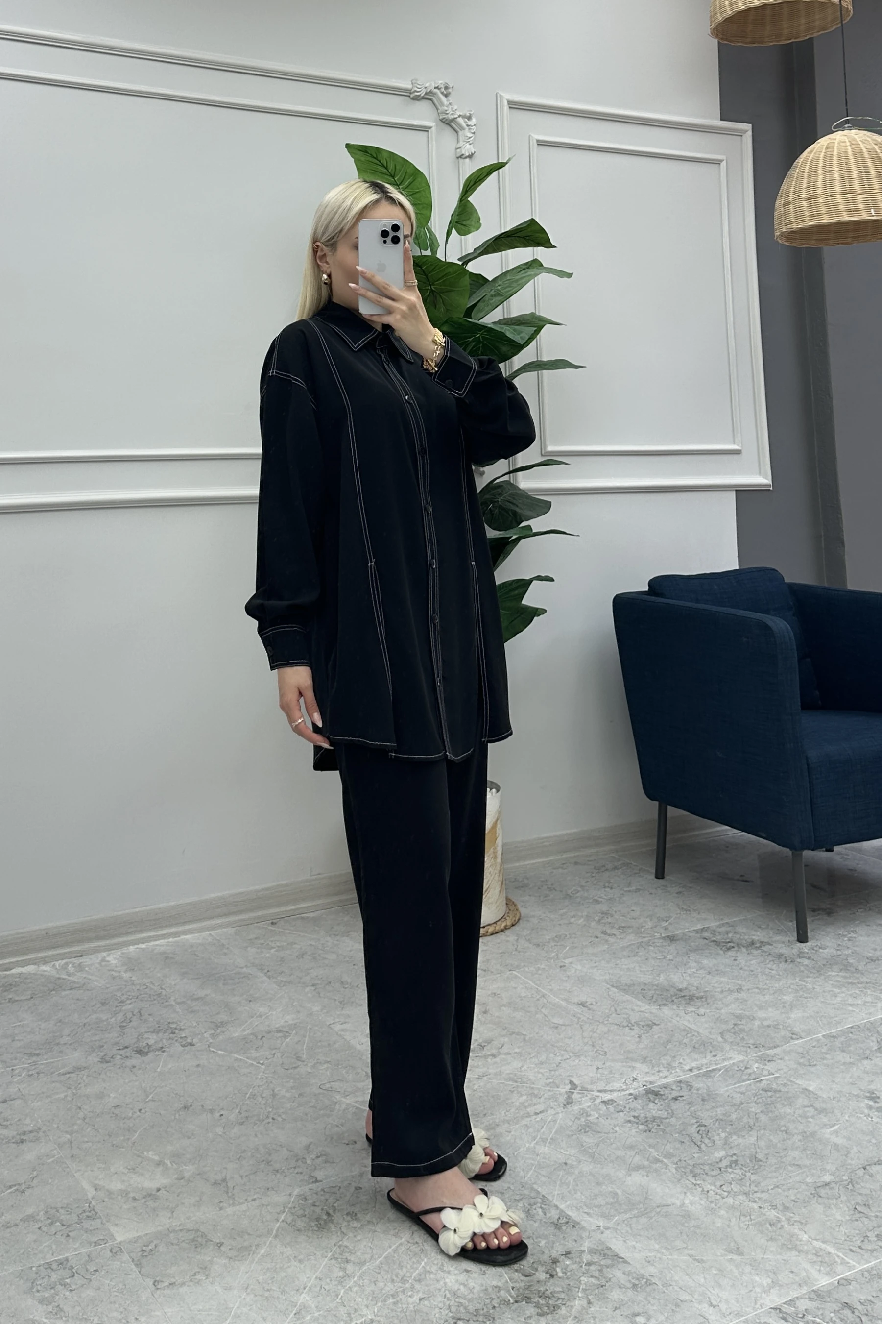 Wholesale Tencel Fabric Slit Detailed Two Piece Suit - 10670 Product Information