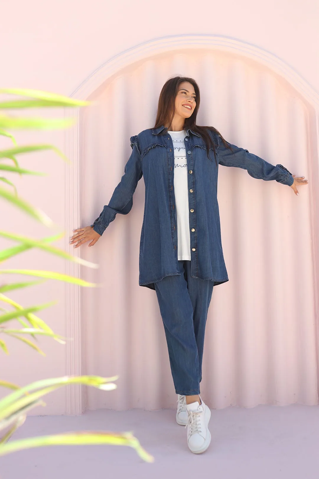 Toptan Kot Kumaş Fırfır Detaylı Üçlü Takım - KOYU KOT