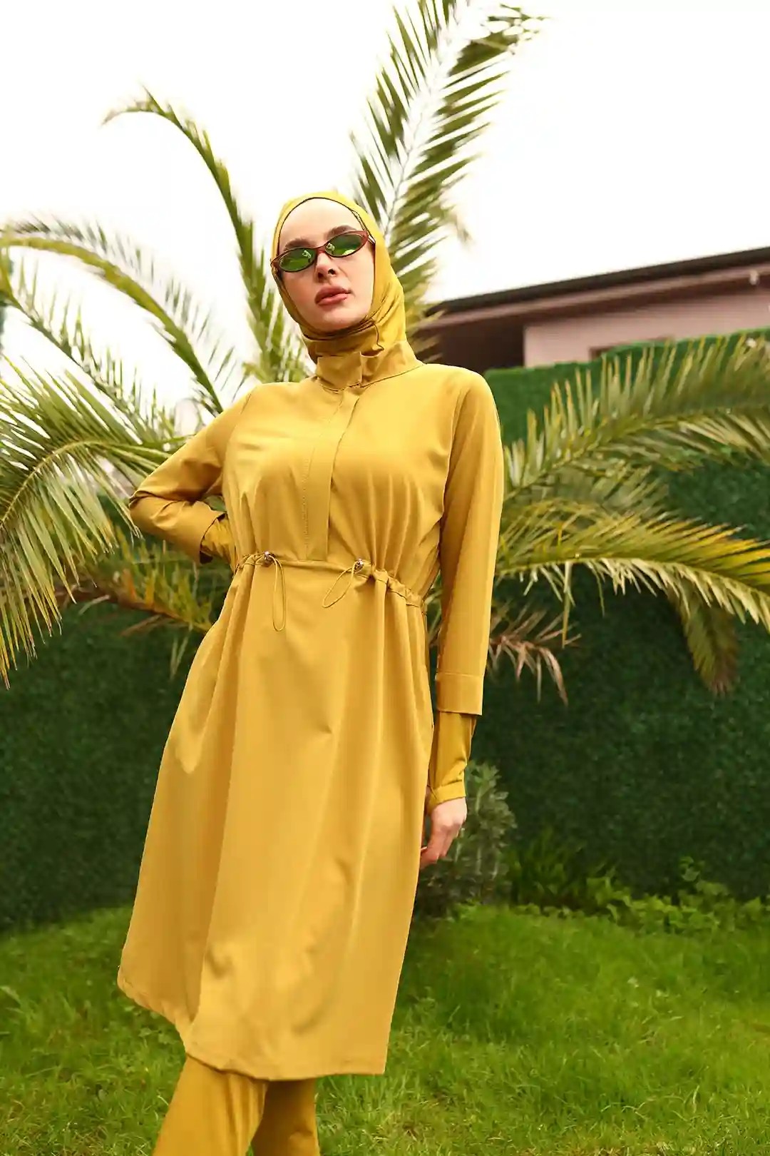 Toptan Polyester Elastan Kumaş Beli Büzgülü Cepleri Fileli Üçlü Tesettür Mayo