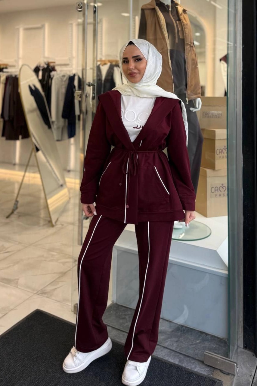 Toptan İki İplik Kumaş Şerit Detaylı Üçlü Takım