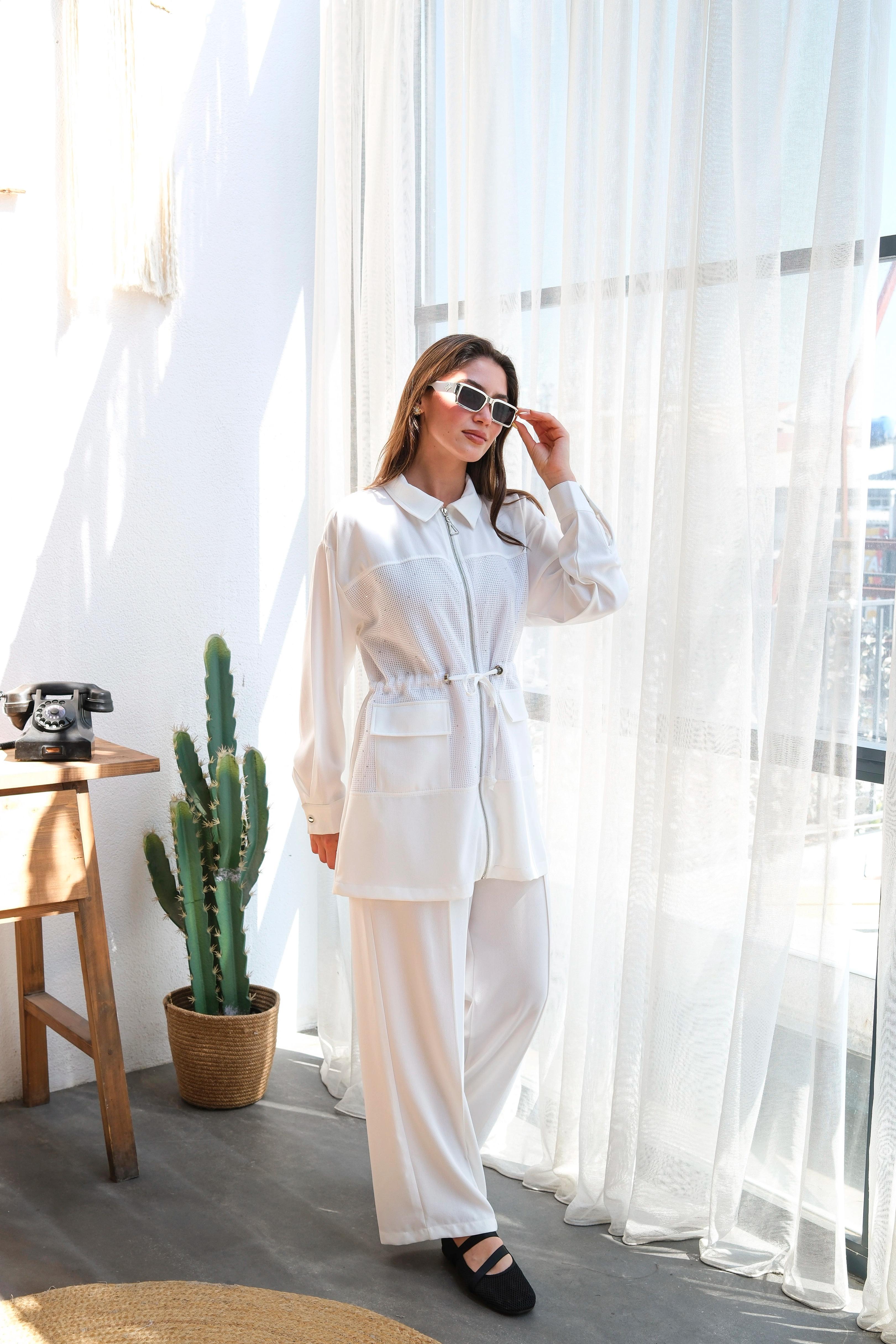 Wholesale Linda Fabric Sequin Detail Waist Tunnel Two Piece Suit - 10677 Product Information - Ecru