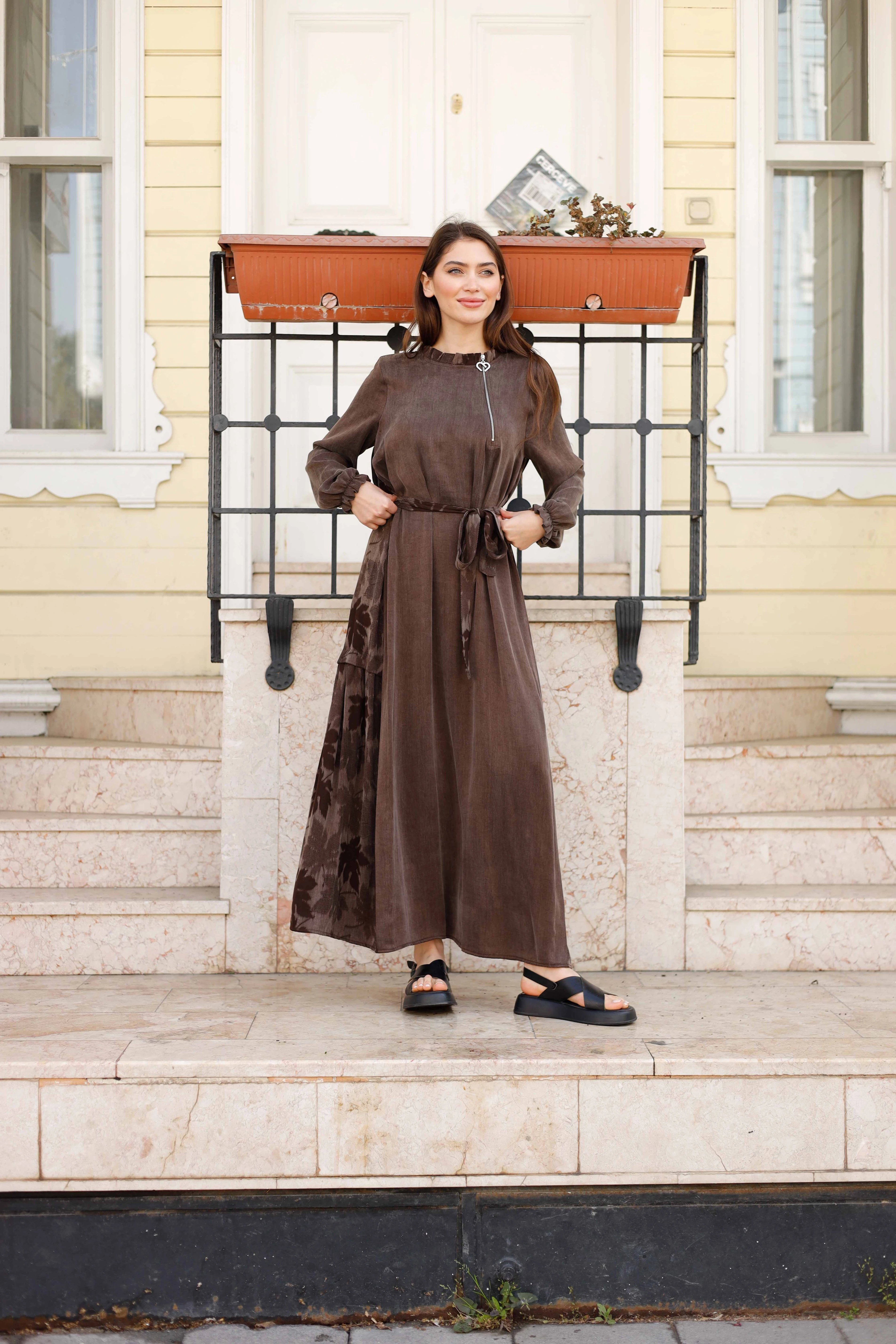 Wholesale Cupra Fabric Leaf Patterned Dress - 3716 - Brown