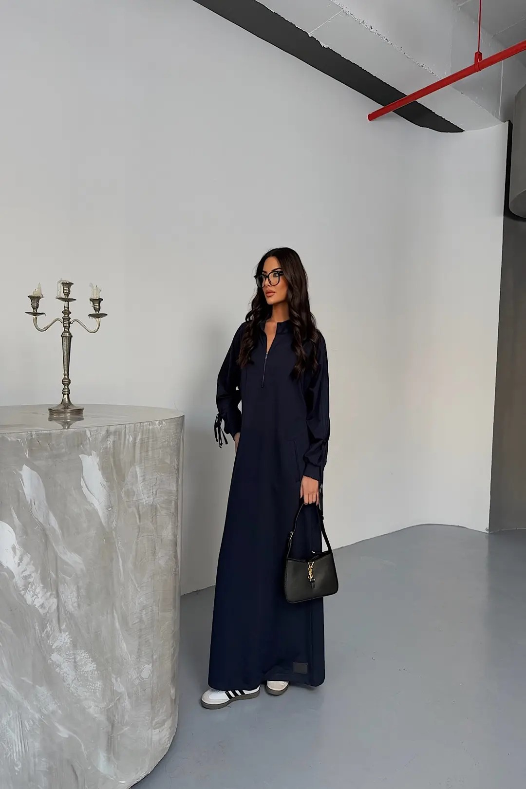 İki İplik Kumaş Kolları Şerit Detaylı Battal Beden Elbise b3708