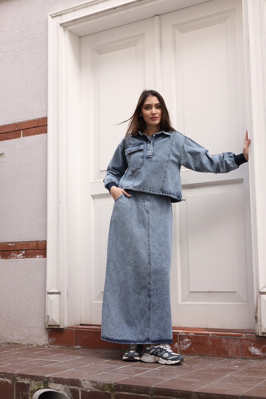 Wholesale Denim Fabric Double Skirt Set - 8201