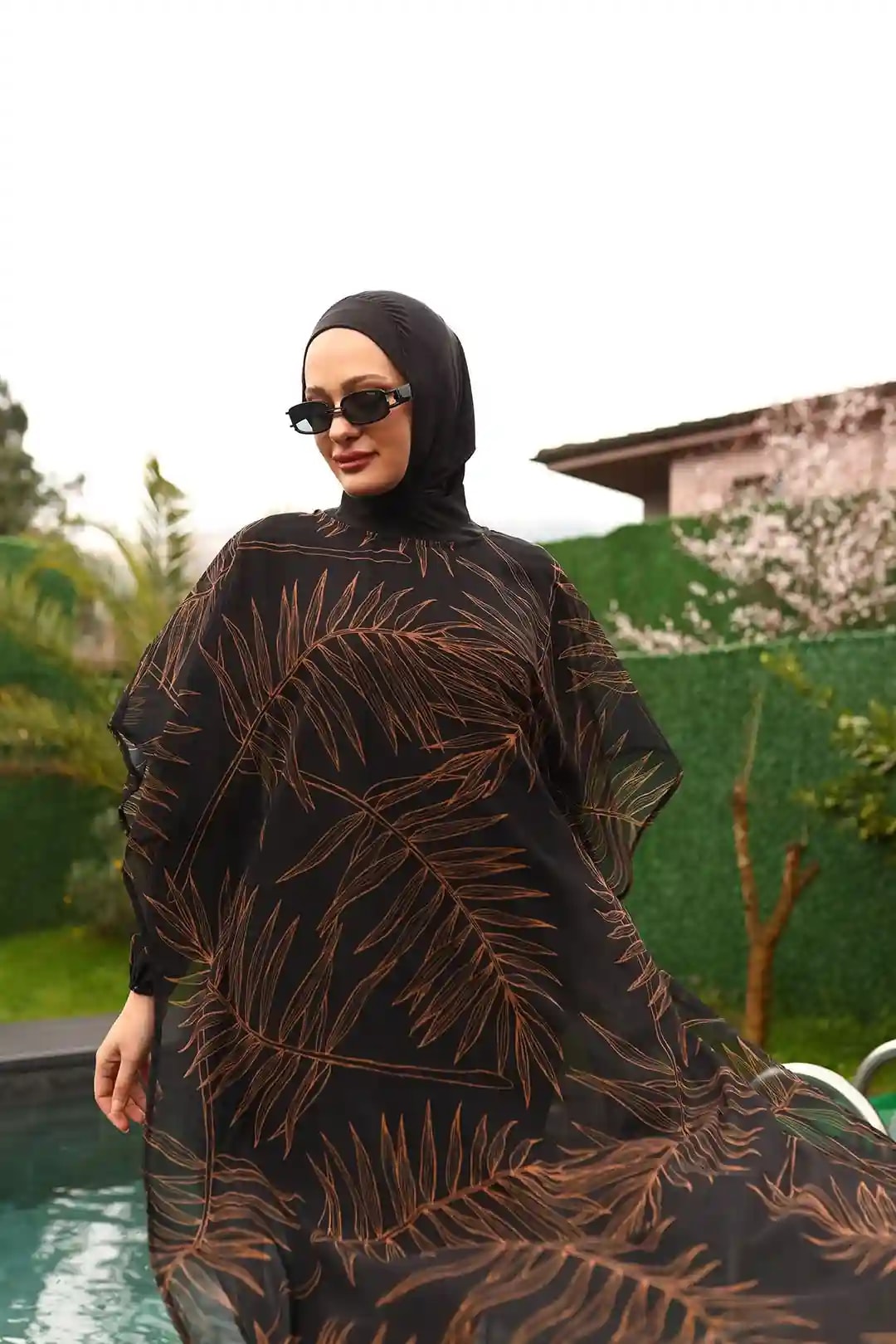 Toptan Polyester Elastan Kumaş Yaprak Desenli Kolları Lastikli Dörtlü Tesettür Mayo - SİYAH