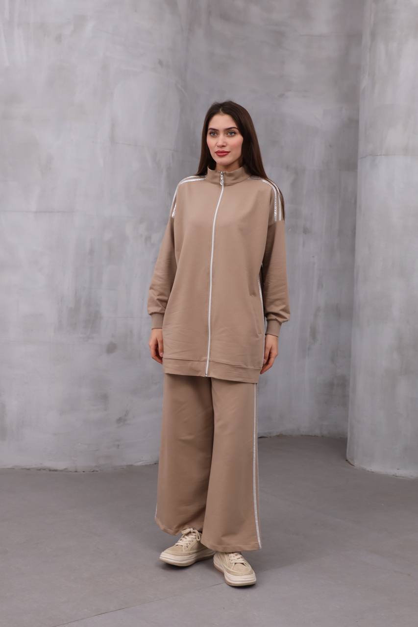 Toptan İki İplik Kumaş Fermuarlı Battal Beden İkili Takım - VİZON