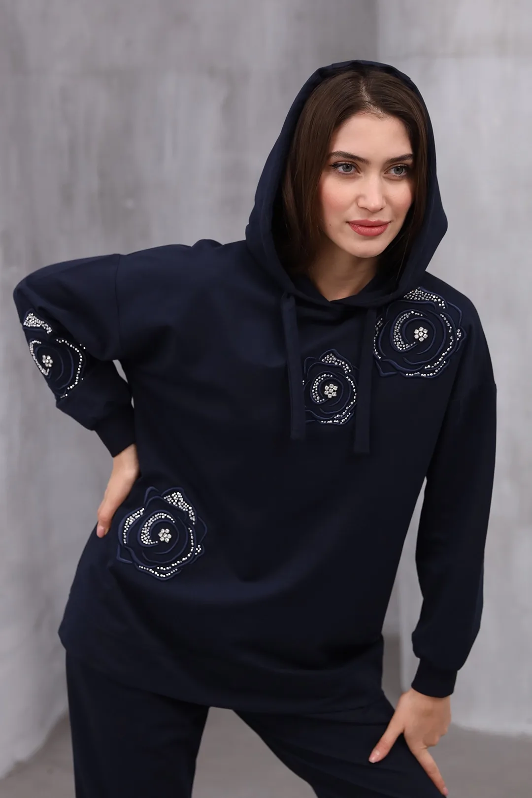 Wholesale Two Yarn Fabric Rose Patterned Two Piece Suit - 10597 - Navy Blue