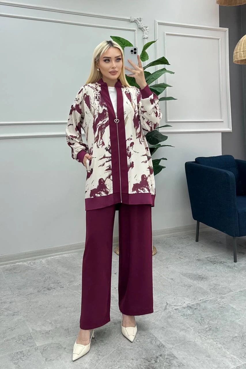 Toptan Linda Kumaş Desenli Ve Boydan Fermuarlı Üçlü Takım - BORDO