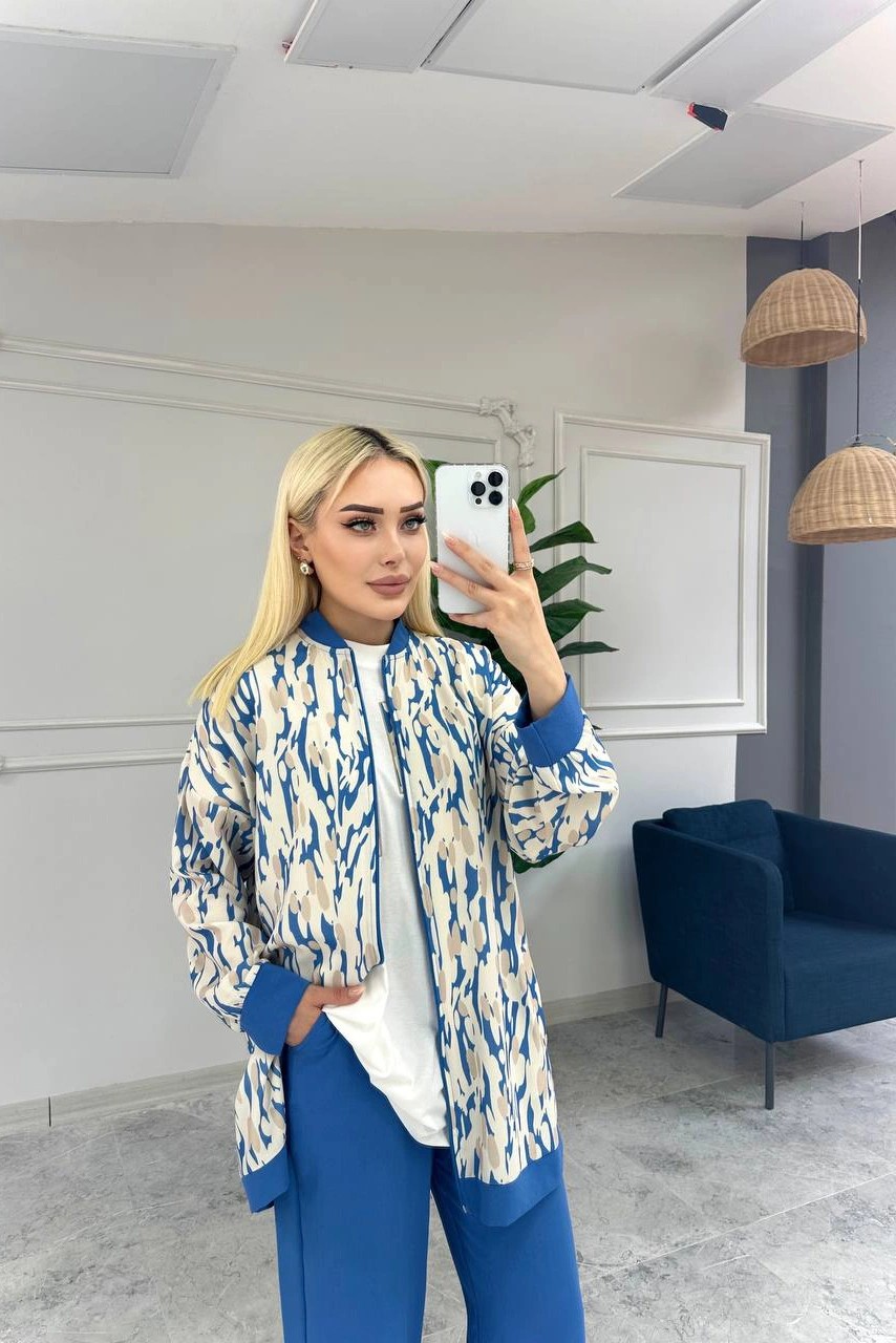 Wholesale Linda Fabric Patterned Zippered Three Piece Suit - 10689 Product Information - Blue
