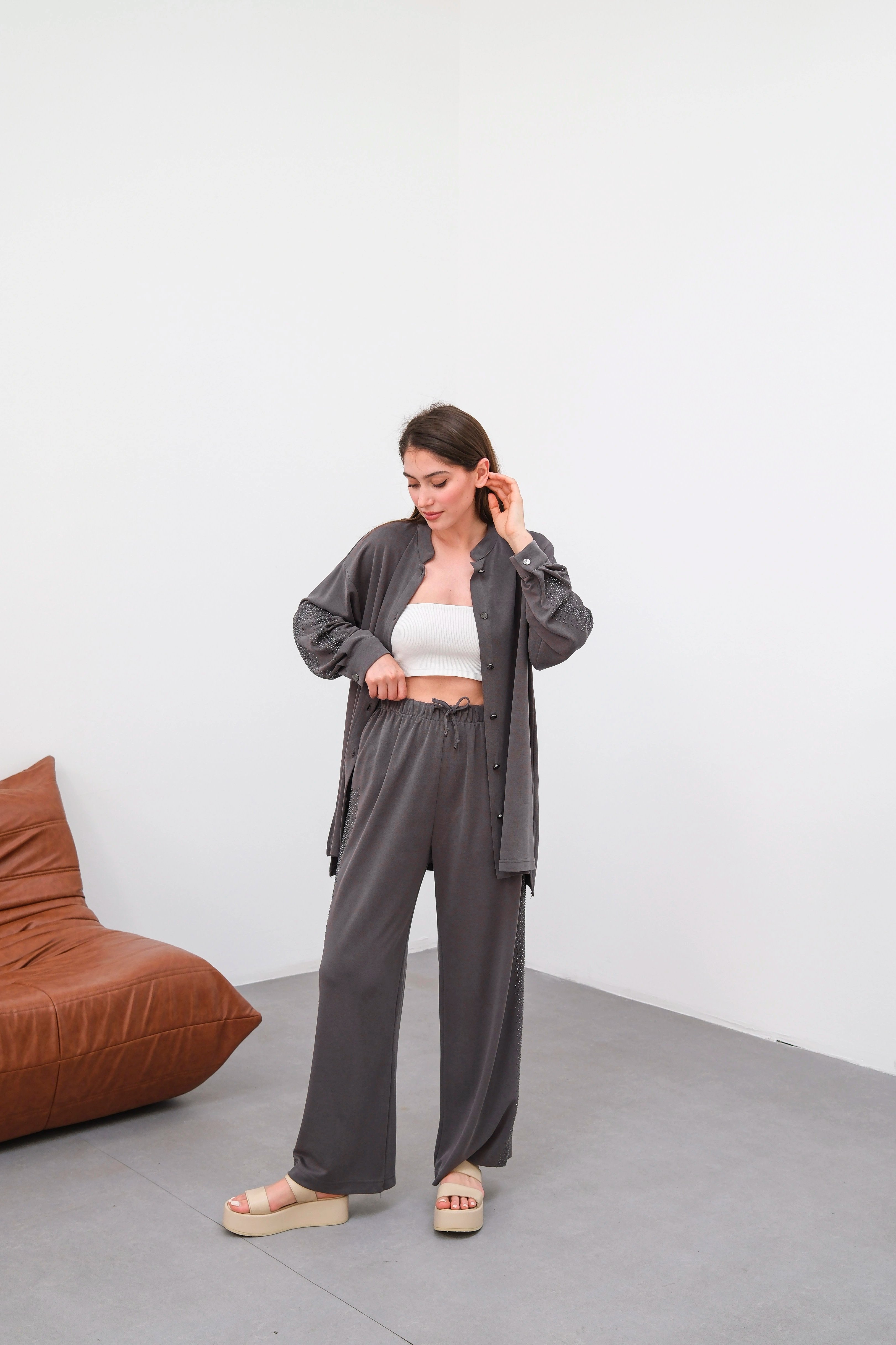 Wholesale Knitted Cupra Fabric Stone Embellished Two Piece Suit - 10657 Product Information - Smoke Gray