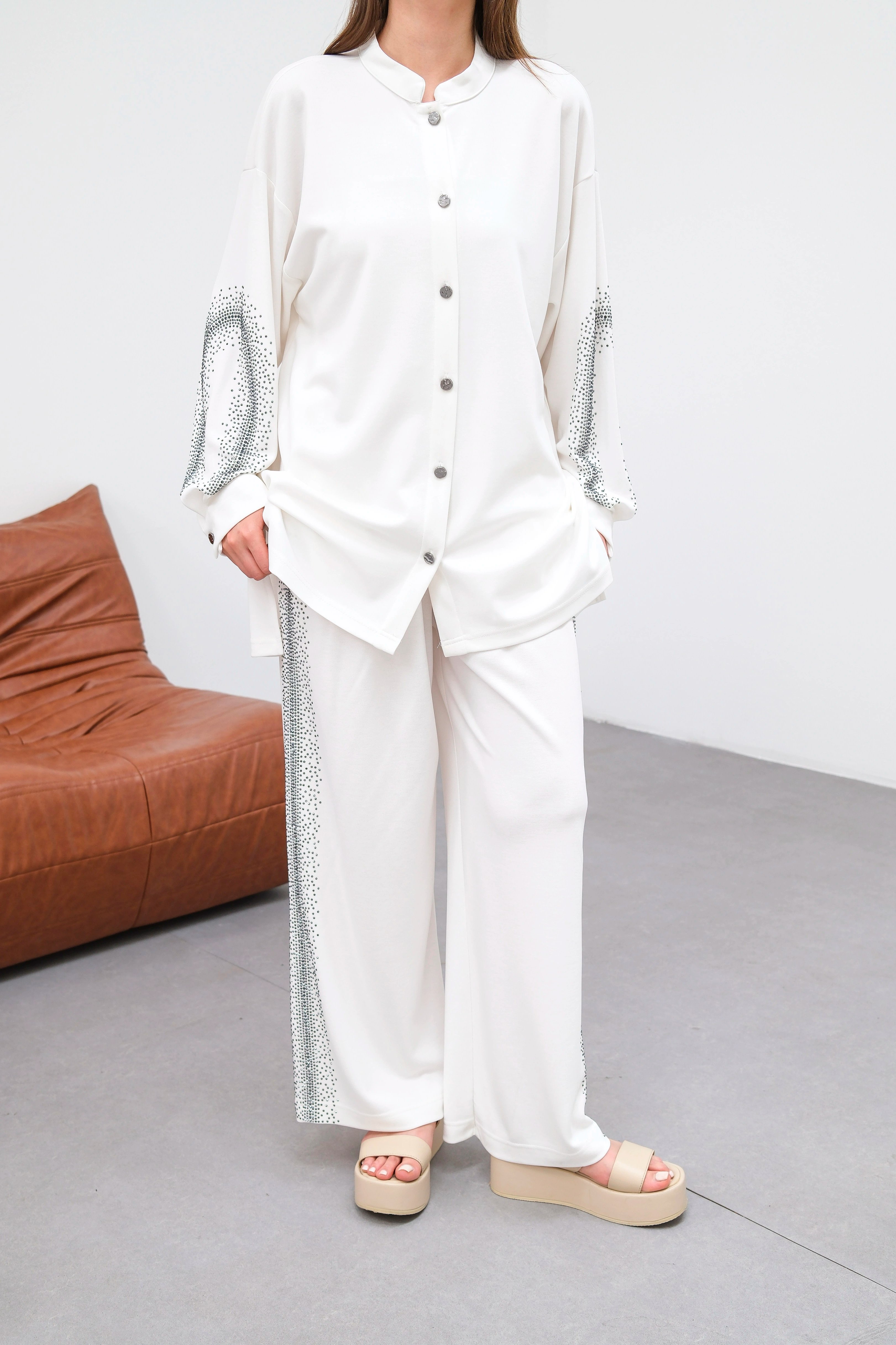 Wholesale Knitted Cupra Fabric Stone Embellished Two Piece Suit - 10657 Product Information - Ecru