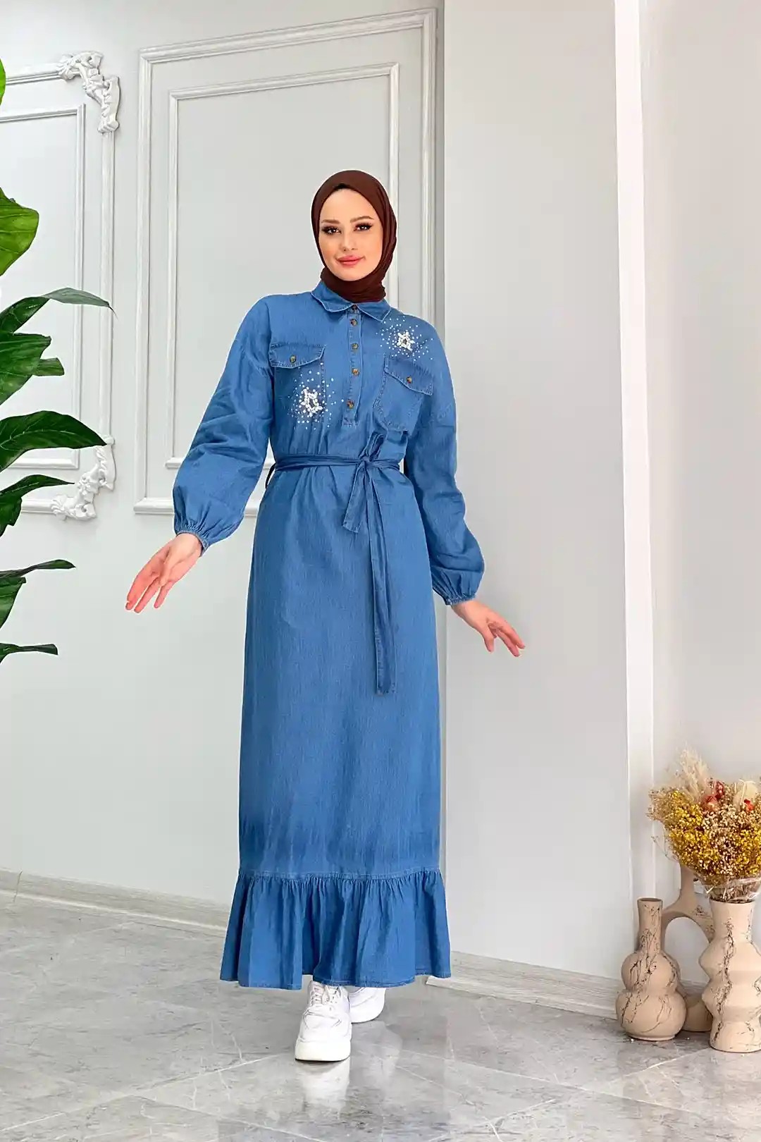 Wholesale Denim Fabric Drawstring Waist Stone Detailed Dress - Light Blue Denim