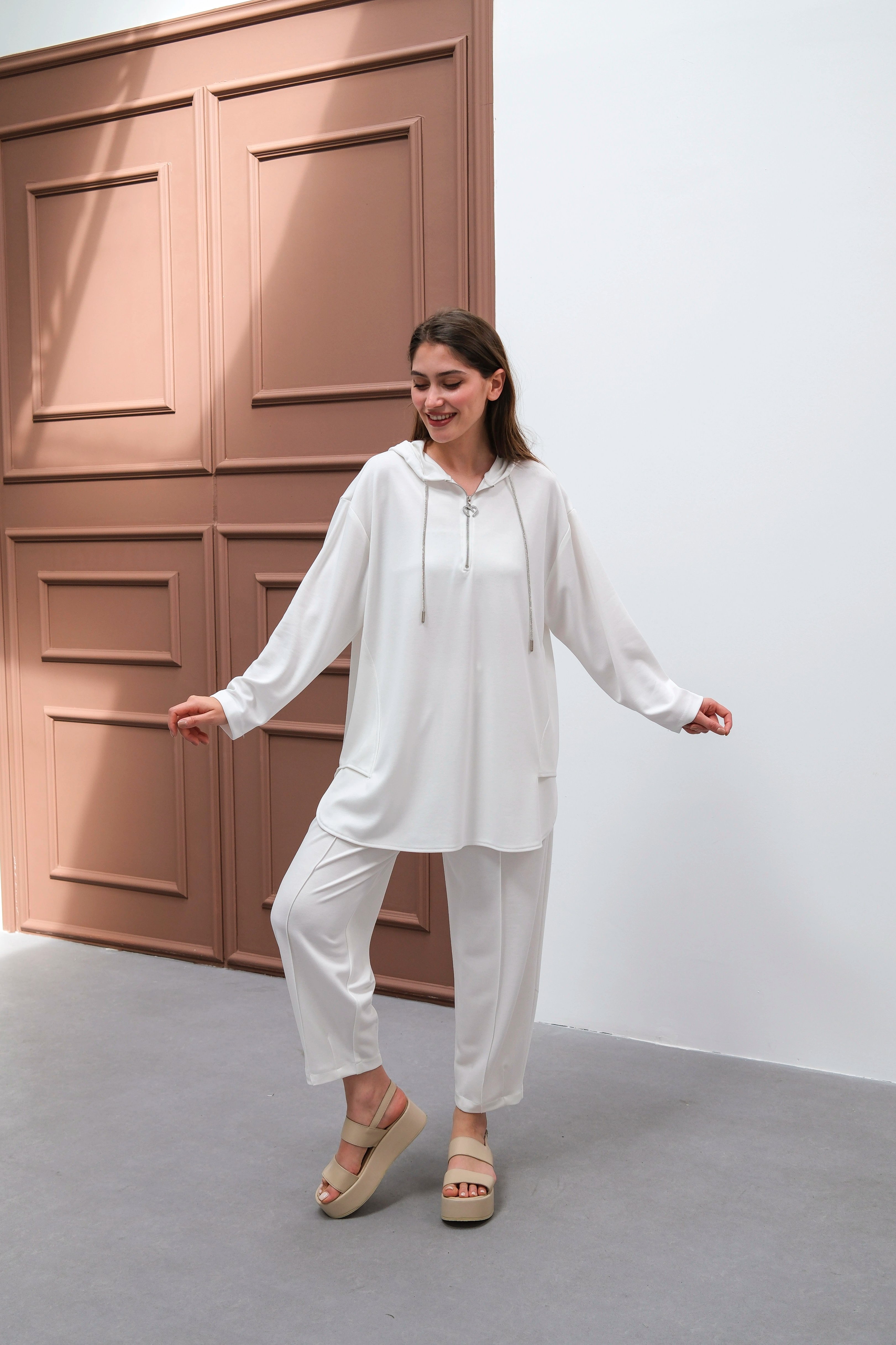 Wholesale Ecem Fabric Half Zipper Hooded Two Piece Suit - 10663 Product Information - Ecru
