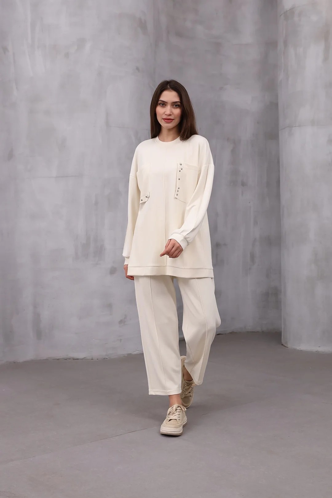 Wholesale Oysho Fabric Pocket Detailed Two Piece Suit - 10543 - Ecru