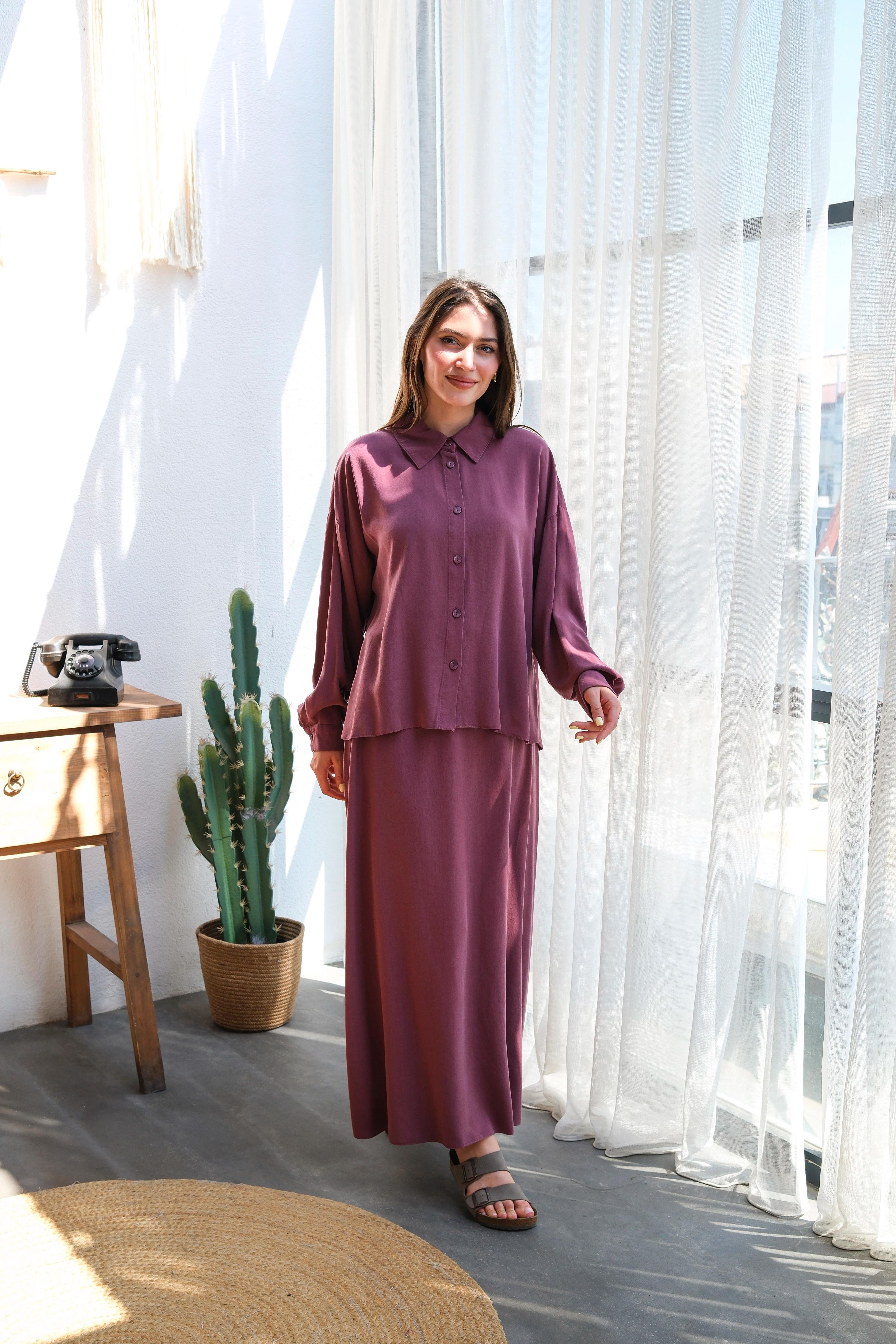 Wholesale Tencel Fabric Buttoned Double Skirt Set - 8219 Product Information - Burgundy