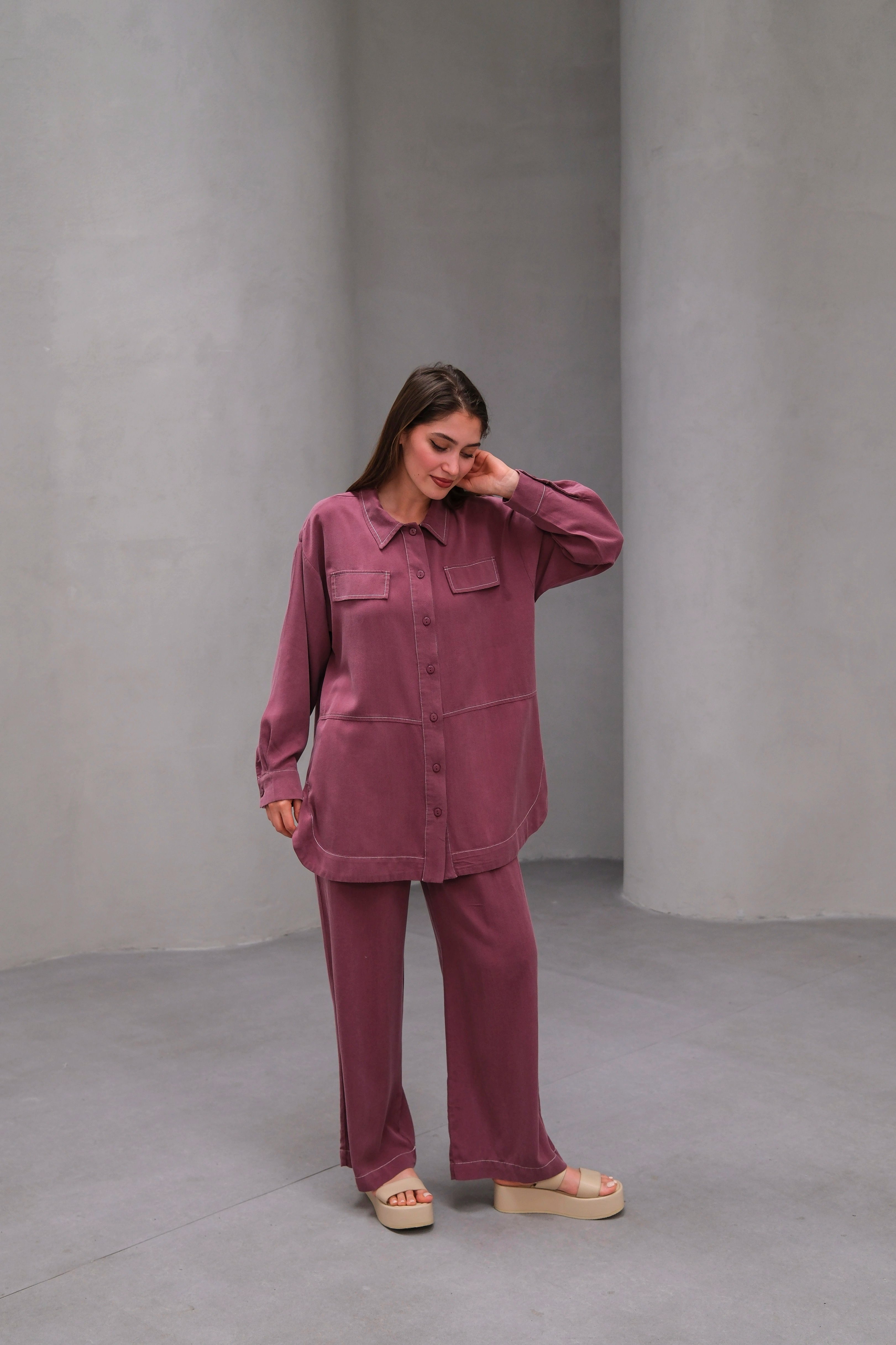 Wholesale Tencel Fabric Buttoned Flap Pocket Two Piece Suit - 10644 Product Information - Dusty Rose