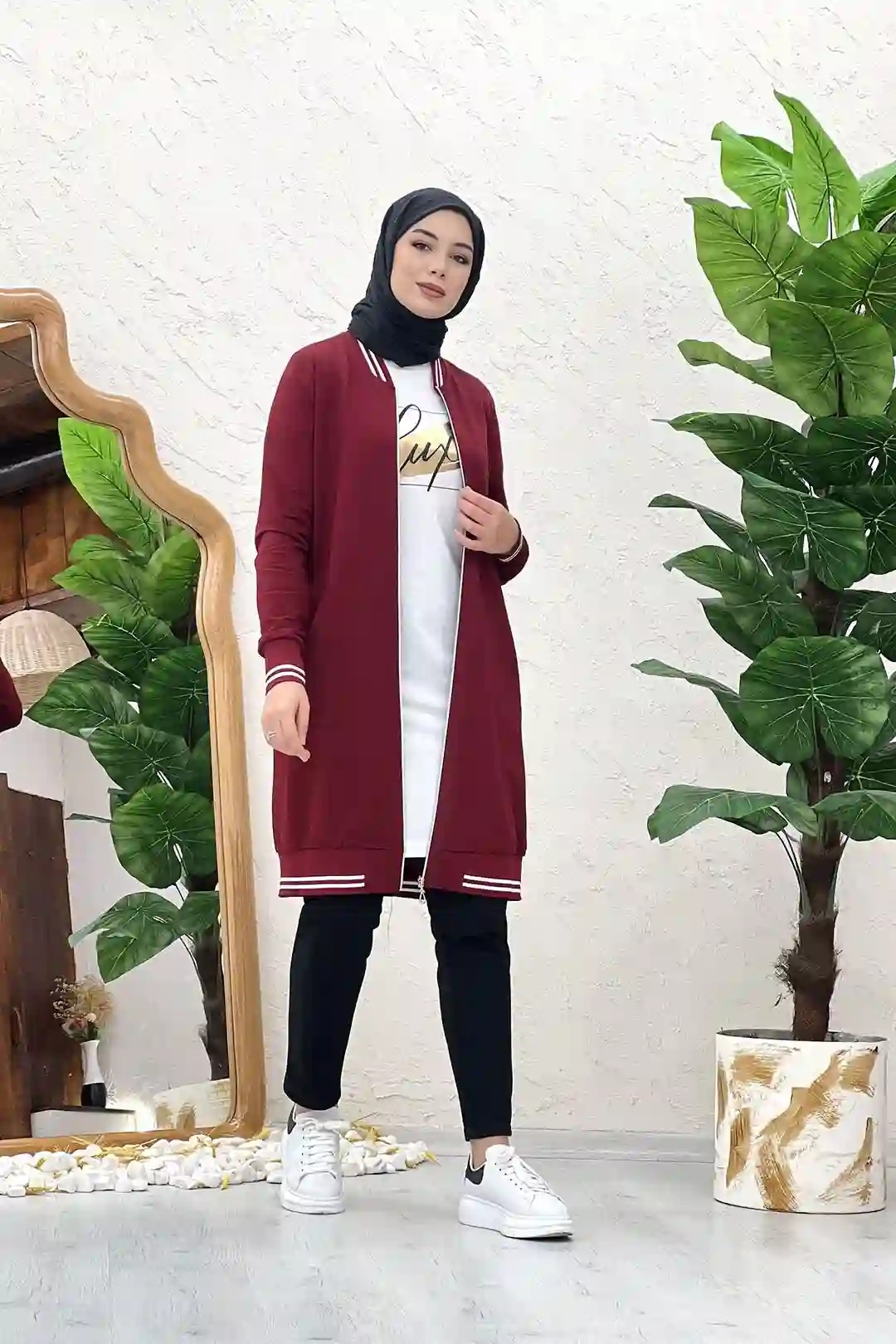 Wholesale Two-Thread Fabric Front Zippered Printed Three-Piece Suit - Burgundy