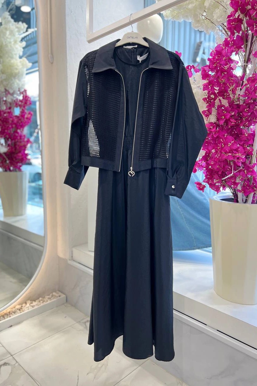 Wholesale Sandy Fabric Jacket Mesh Detailed Double Dress - 3757 Product Information - Black