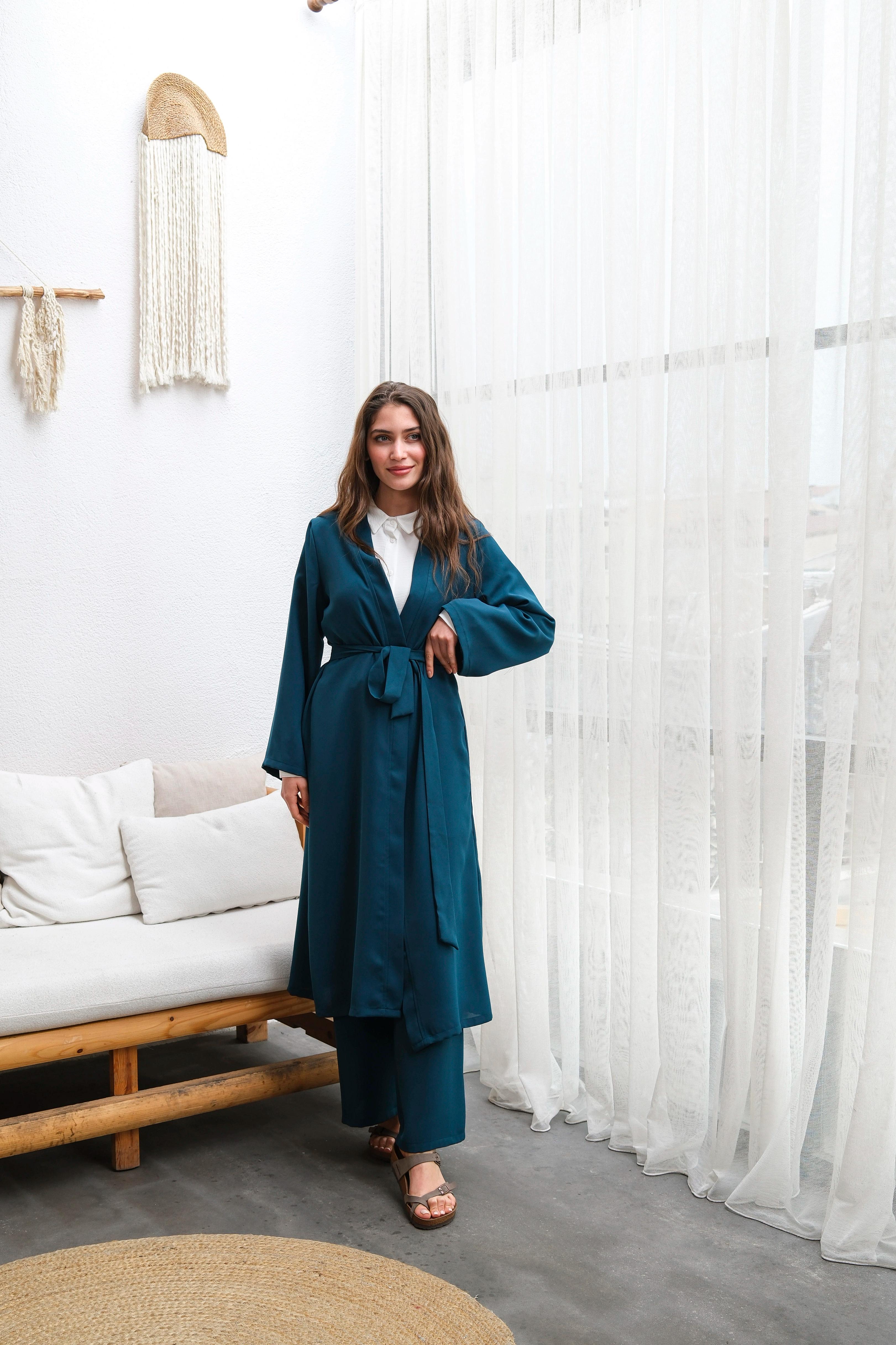 Wholesale Thin Crepe Fabric Belted Double Size Double Suit - b10634 Product Information - Oil Blue