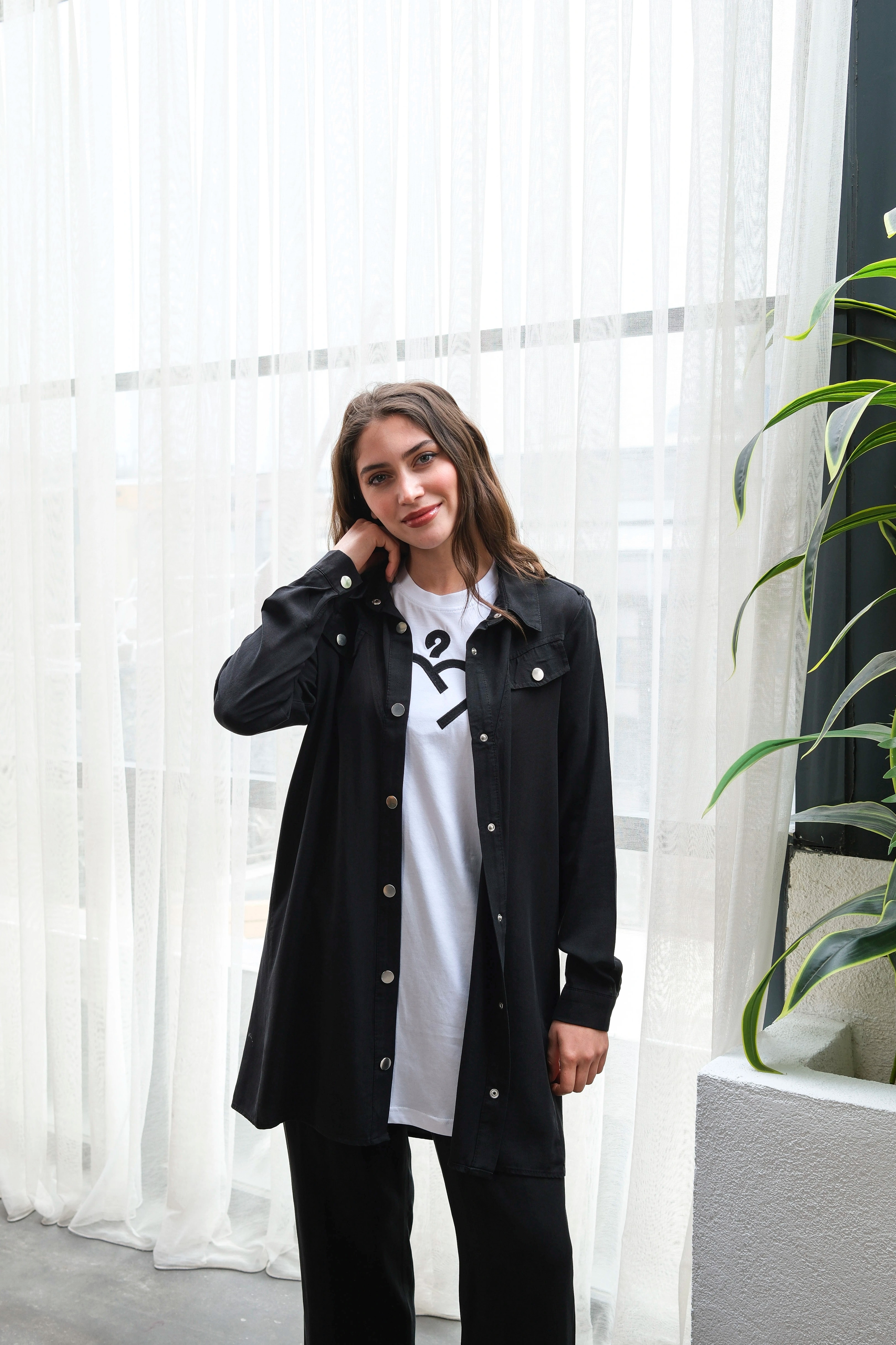 Wholesale Raw Tencel Fabric Pocket Detailed Snap Three-Piece Suit - Black