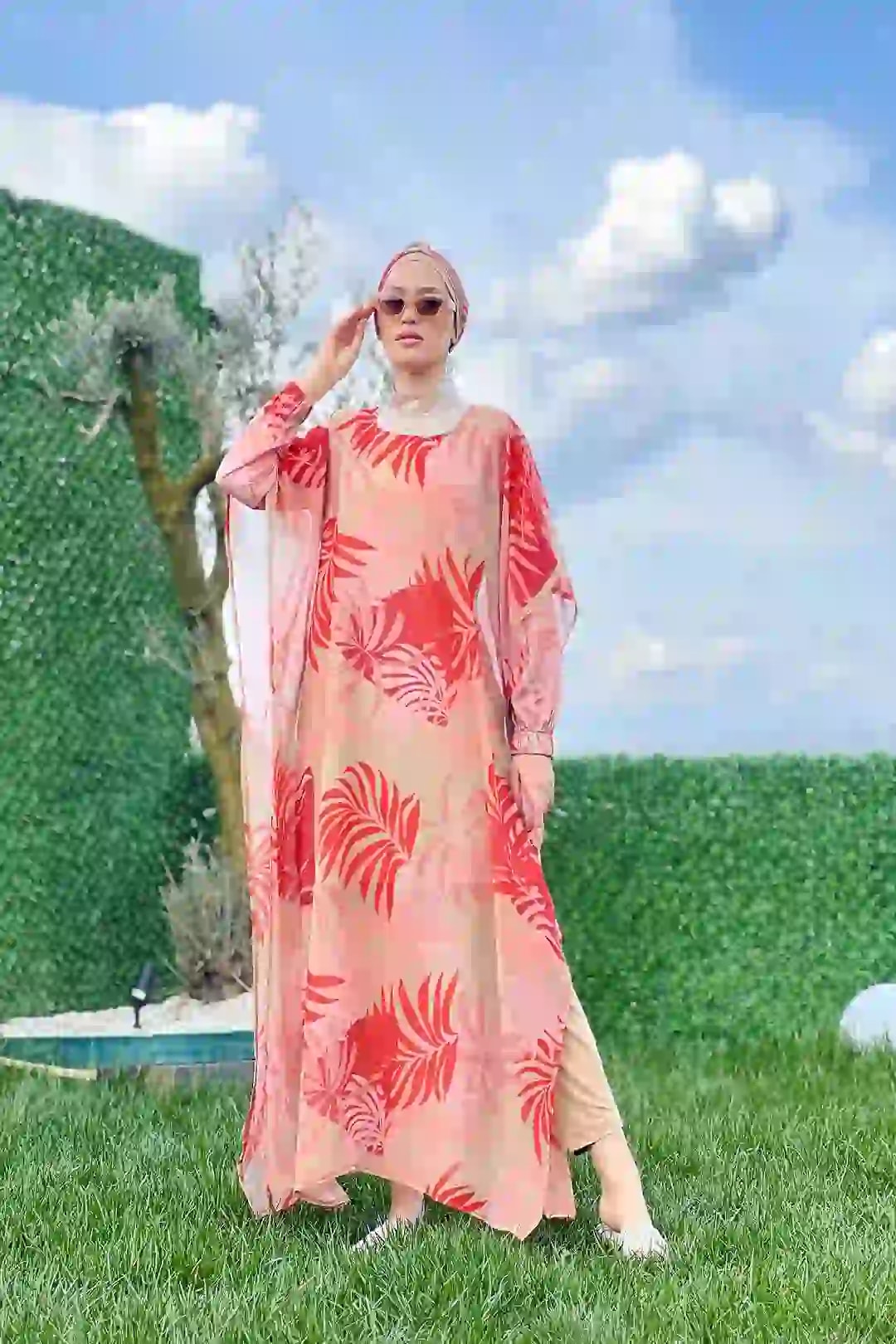 Wholesale Polyester Woven Palm Pattern Four-Piece Modest Swimsuit - Milk Coffee