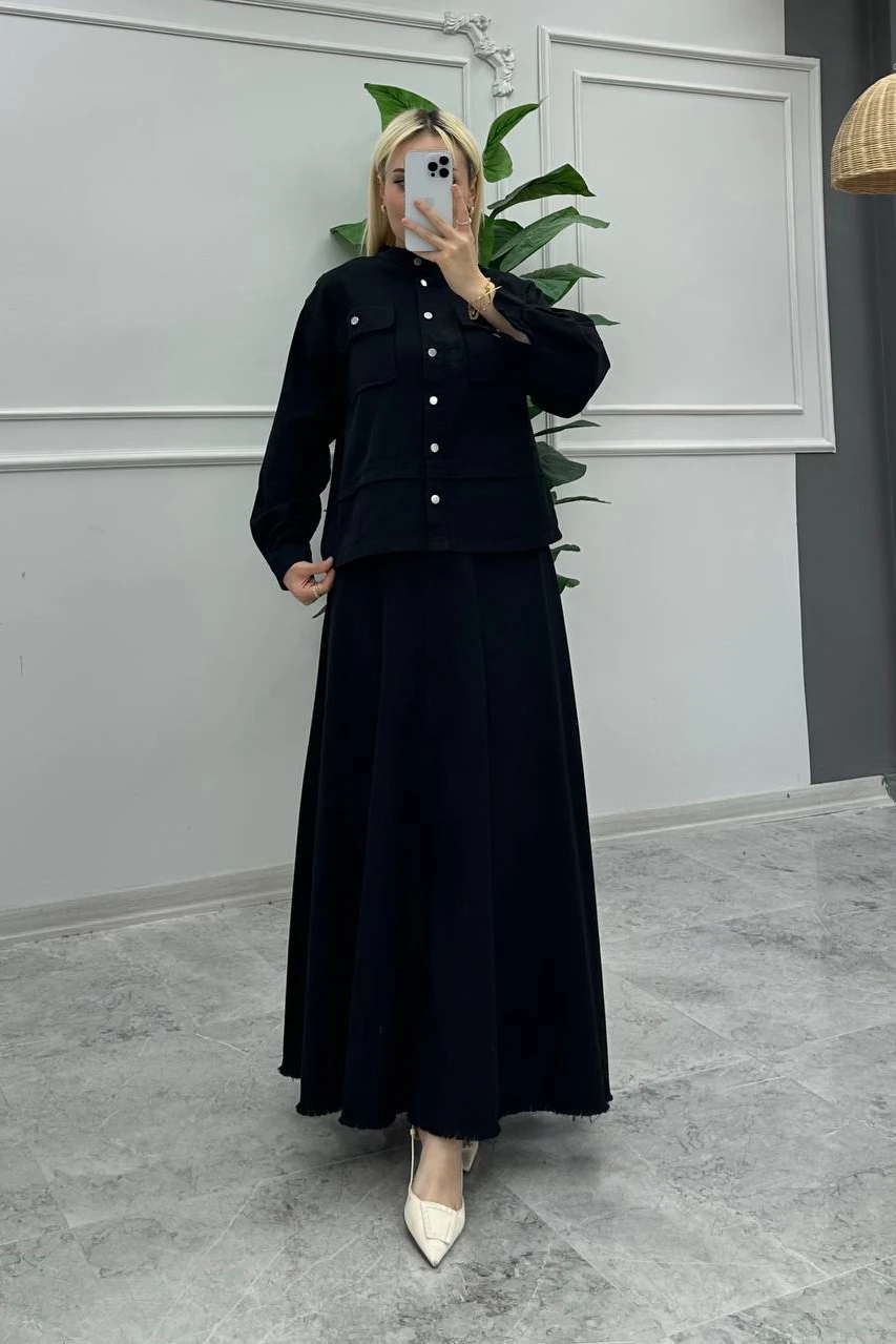 Toptan Gabardin Kumaş Düğmeli Ceketli İkili Etek Takım