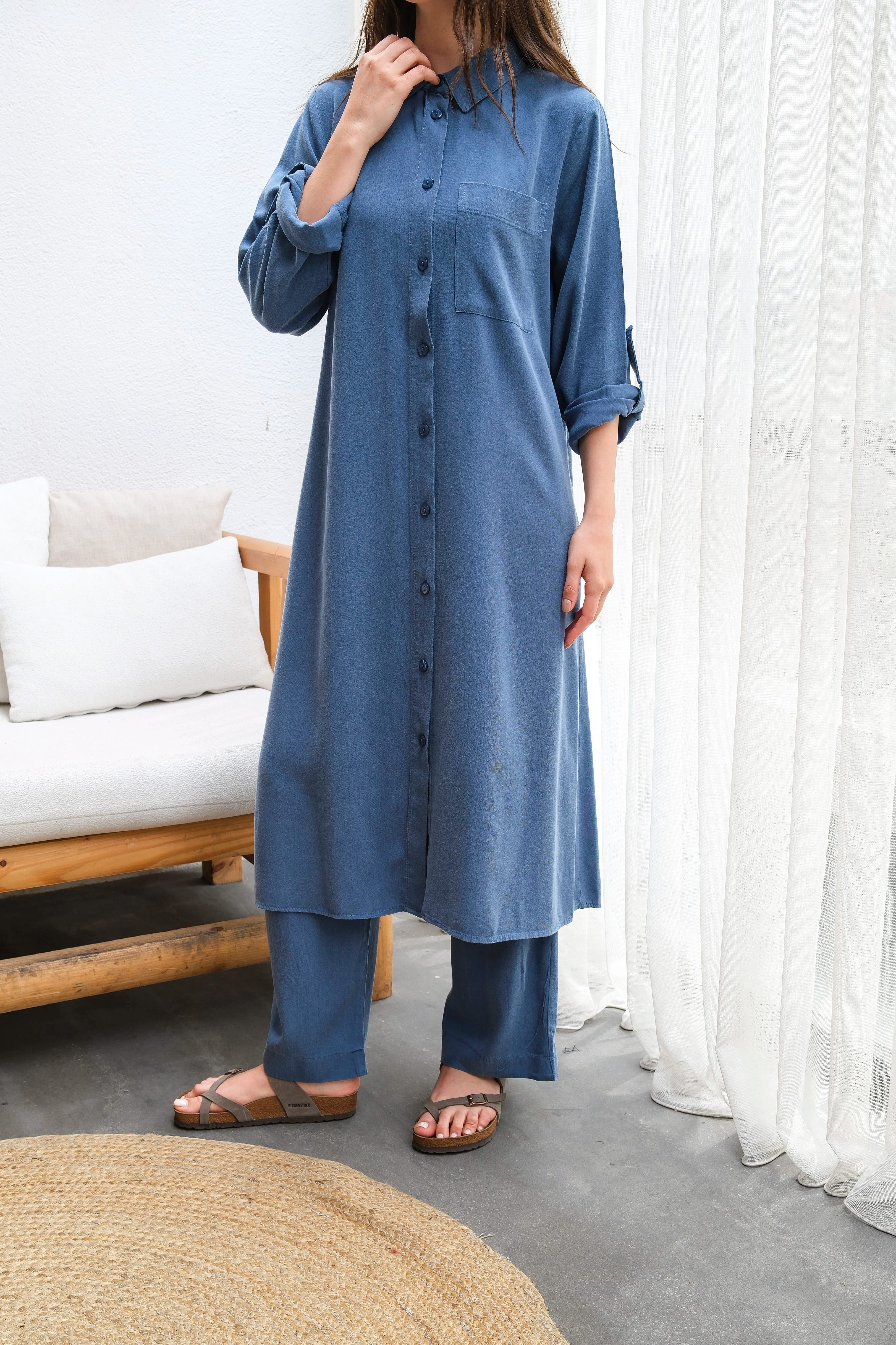 Toptan Tensel Kumaş Tuniği Uzun Düğmeli Battal Beden İkili Takım - LACİVERT