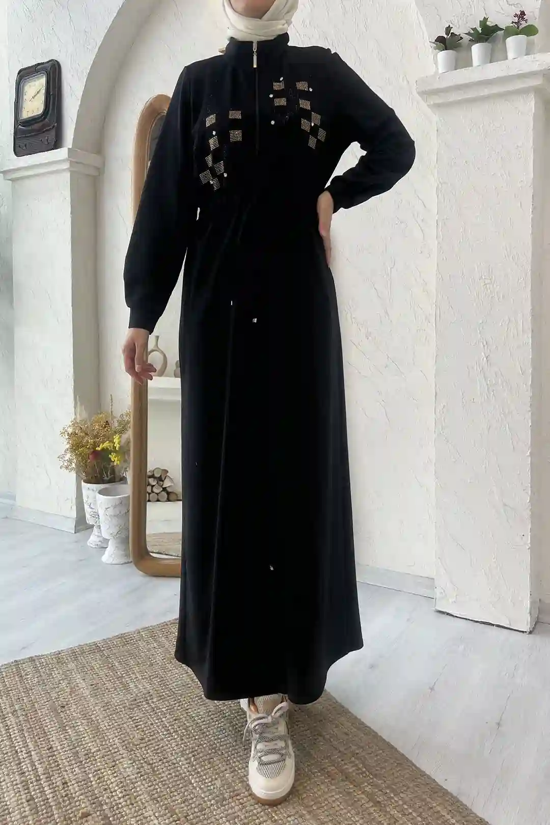 بالجملة فستان مقاس كبير بنمط أمامي ورباط عند الخصر من قماش قطن خيطين عالي الجودة - أسود