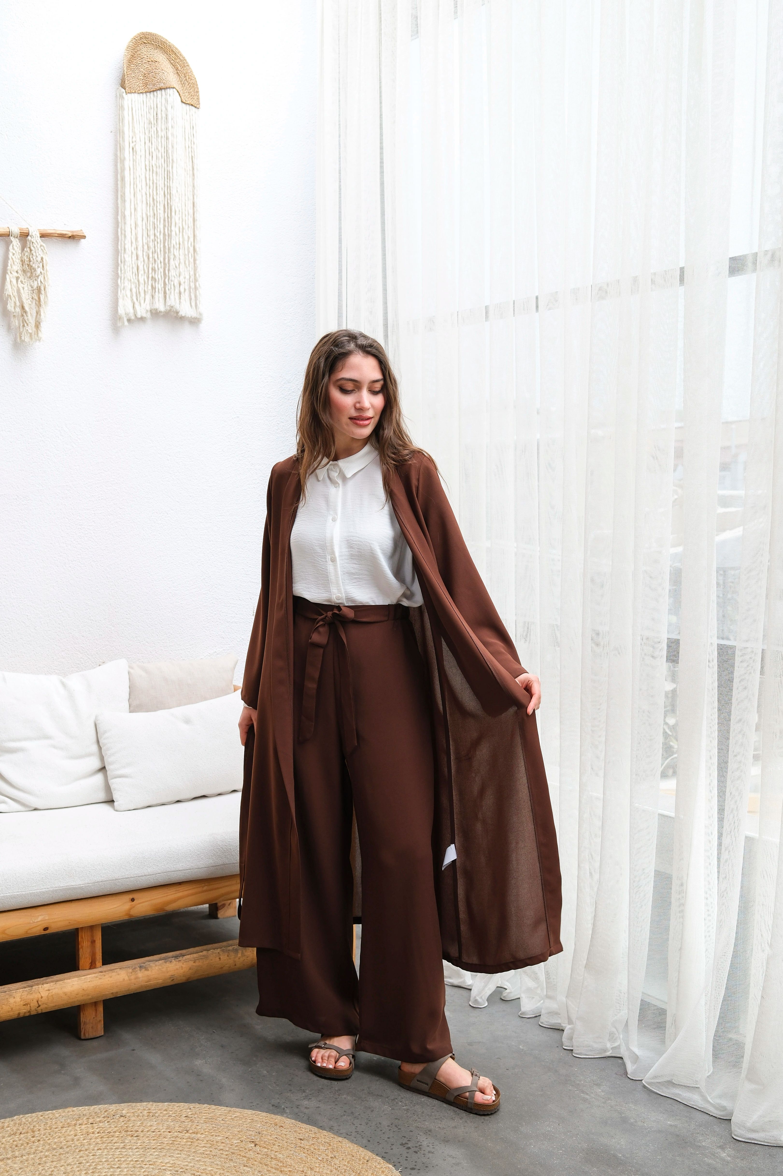 Wholesale Thin Crepe Fabric Belted Double Size Double Suit - b10634 Product Information - Brown