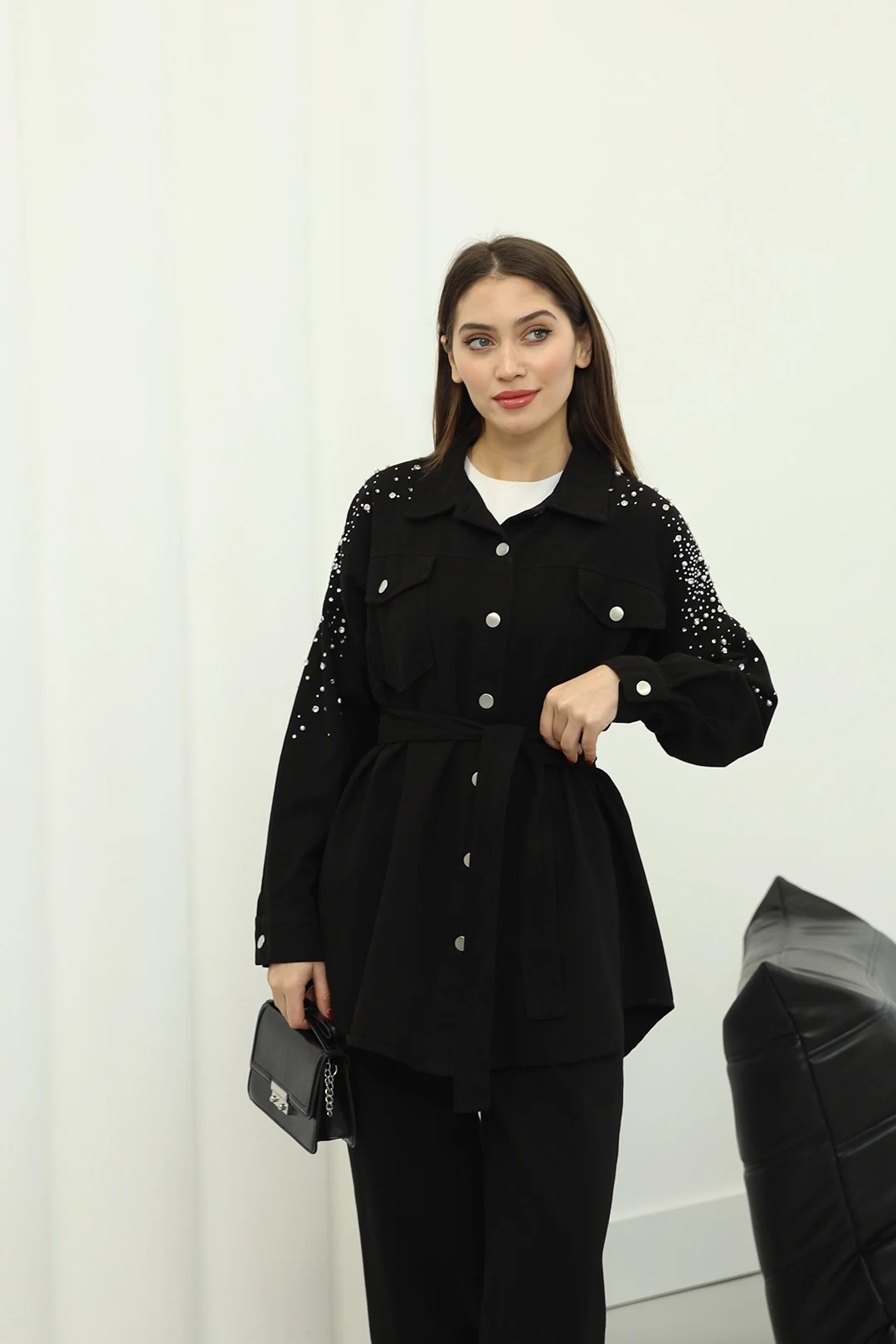 Wholesale Denim Fabric Shoulder Stoned Two Piece Suit - 10575 - Black