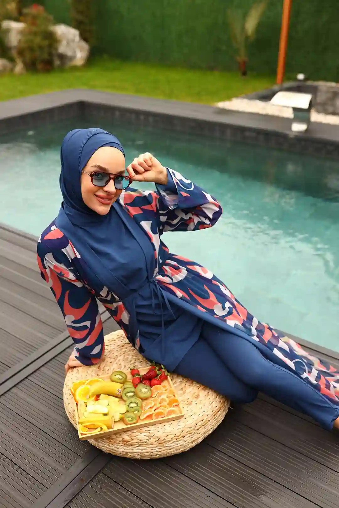 Toptan Polyester Elastan Desenli Beli İpli Dörtlü Tesettür Mayo - LACİVERT