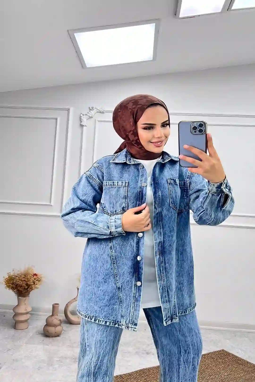 Toptan Kot Kumaş Cepli Eskitme Desenli İkili Takım 