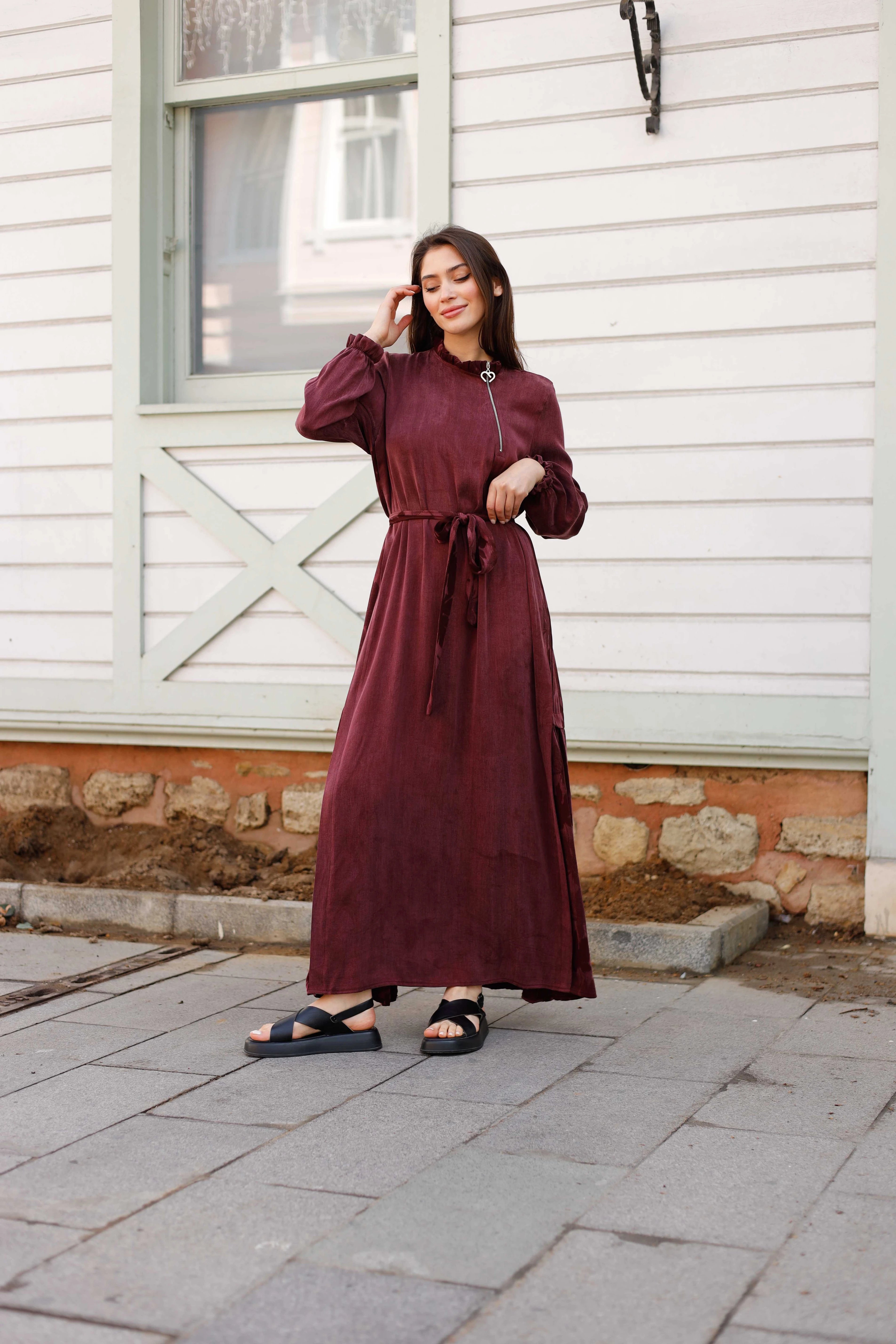 Wholesale Cupra Fabric Leaf Patterned Dress - 3716 - Burgundy