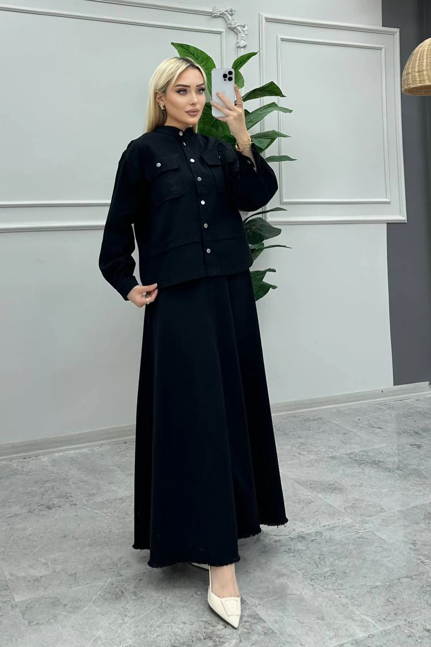 Toptan Gabardin Kumaş Düğmeli Ceketli İkili Etek Takım