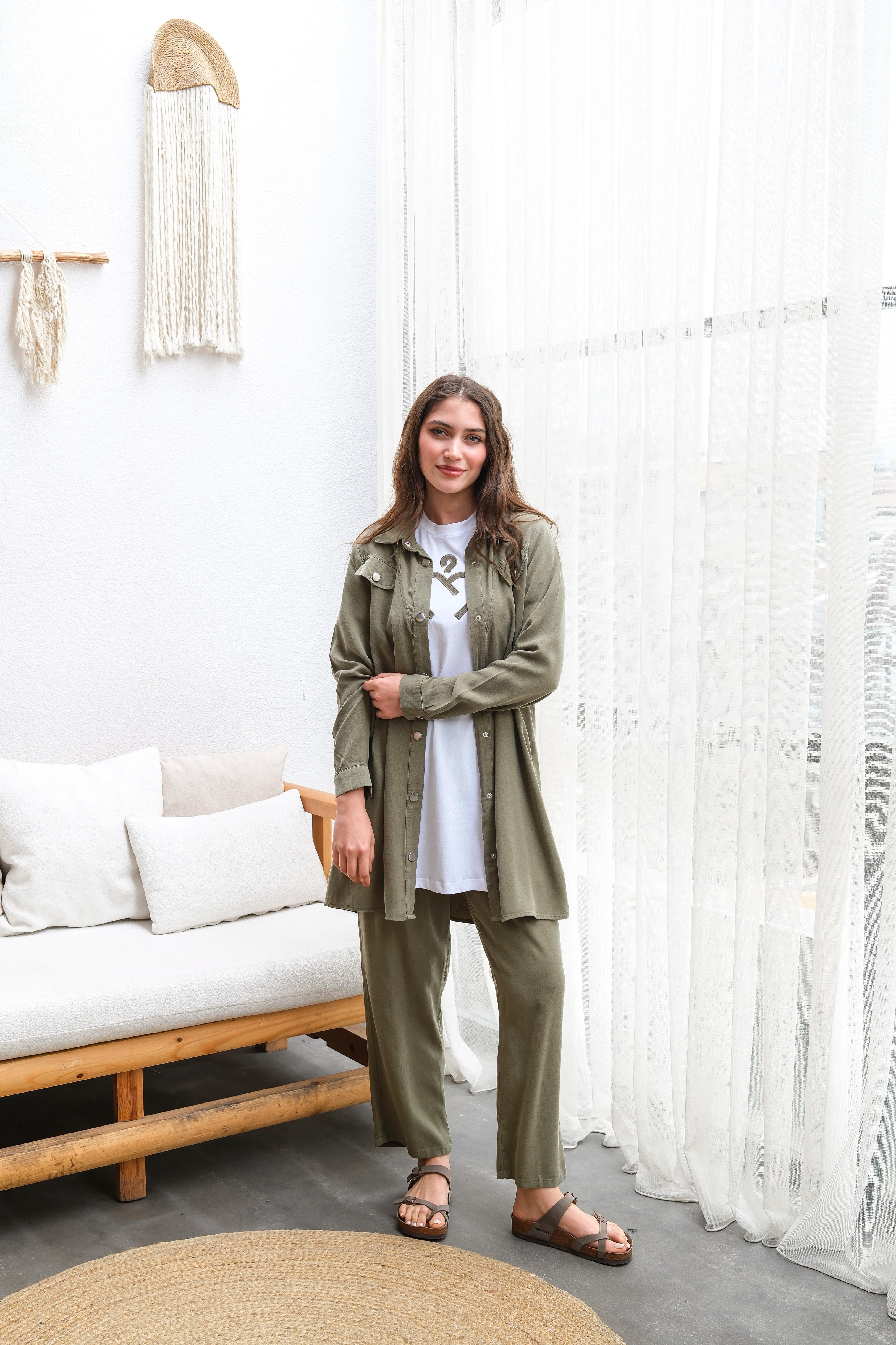 Toptan Ham Tensel Kumaş Cep Detaylı Çıtçıtlı Üçlü Takım