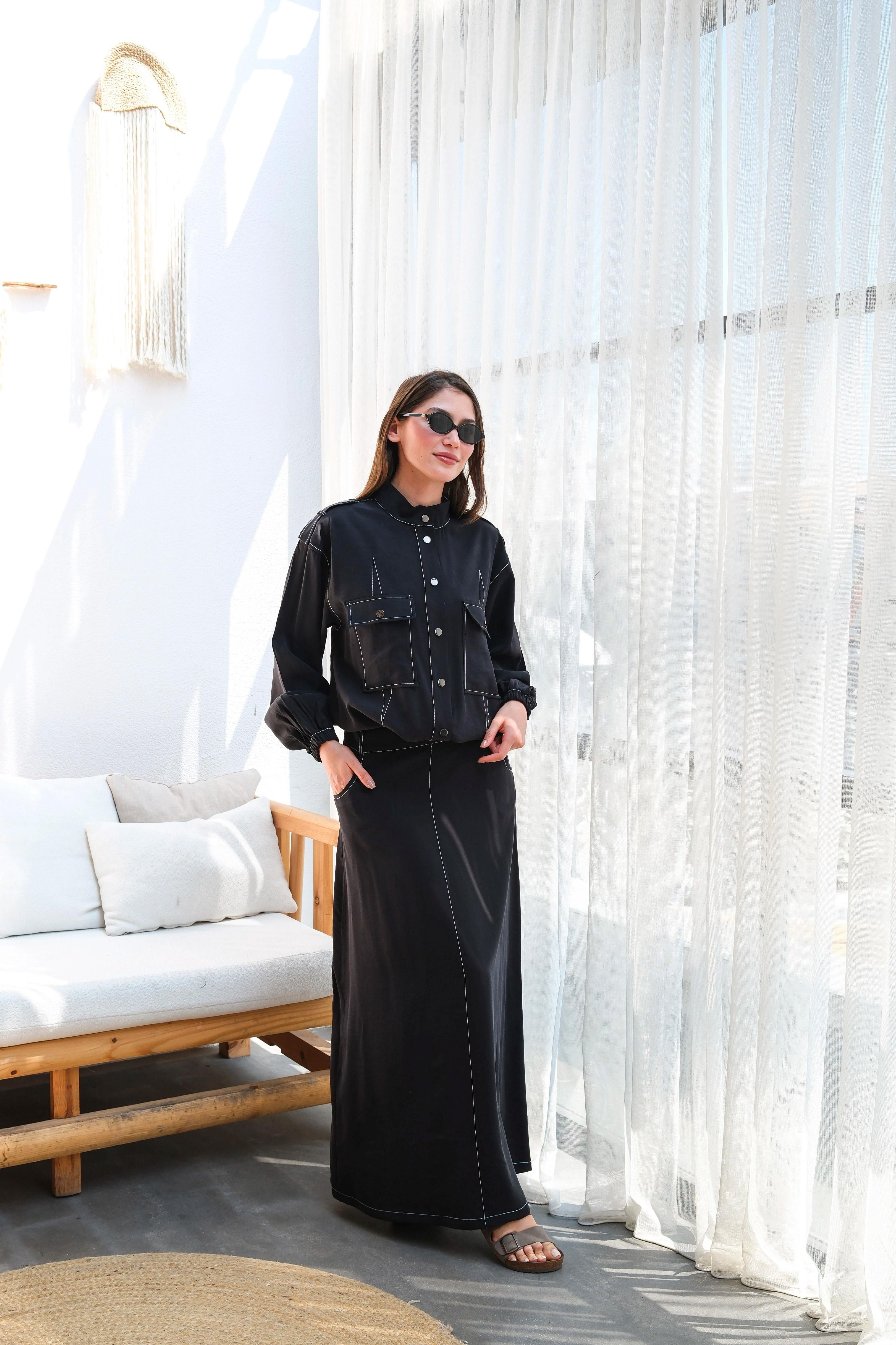 Wholesale Modal Fabric Jacket Waist Elastic Double Skirt Set - 8207 Product Information