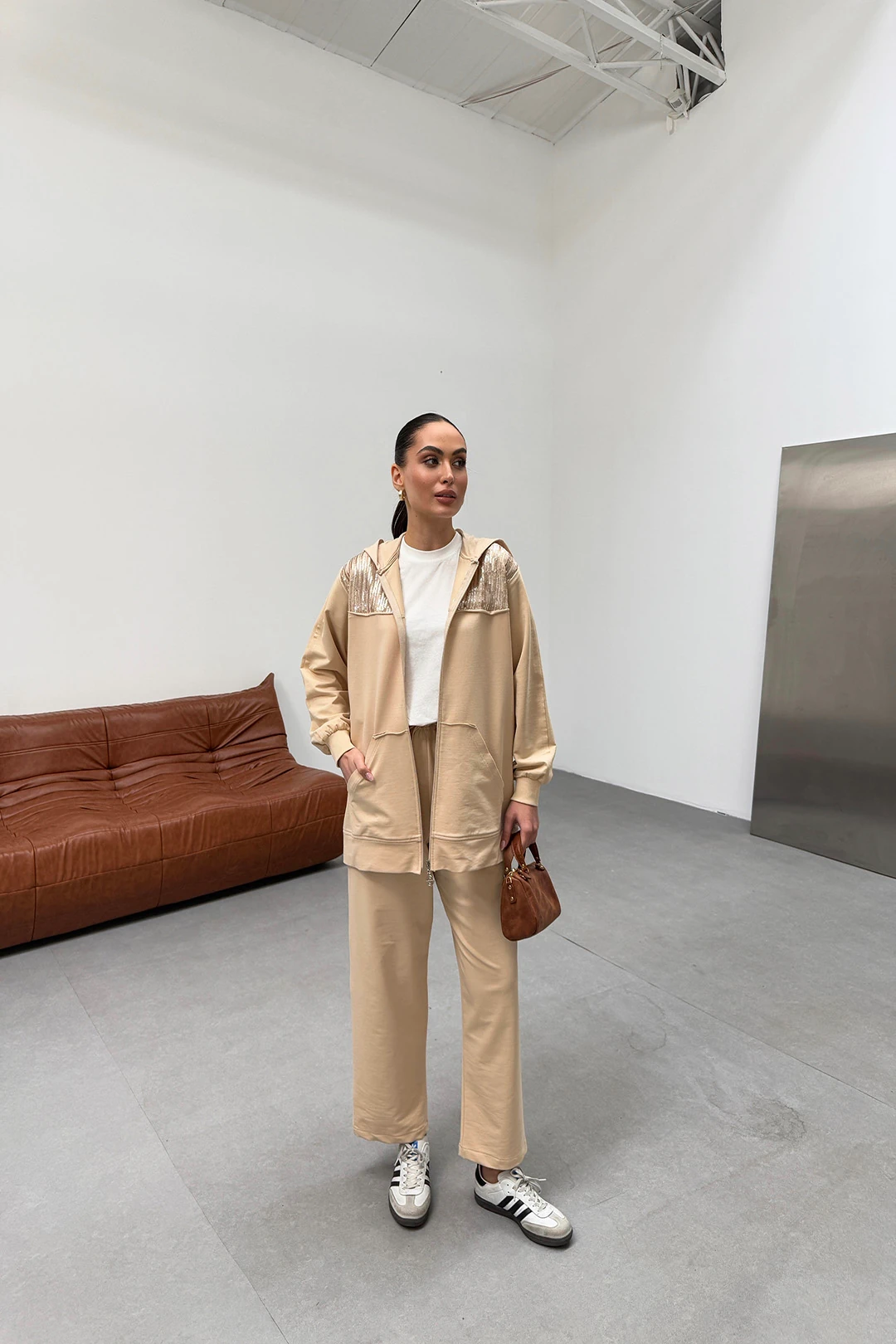 Wholesale Two-Thread Fabric Sequined Two-Piece Suit - 10604 - Cream