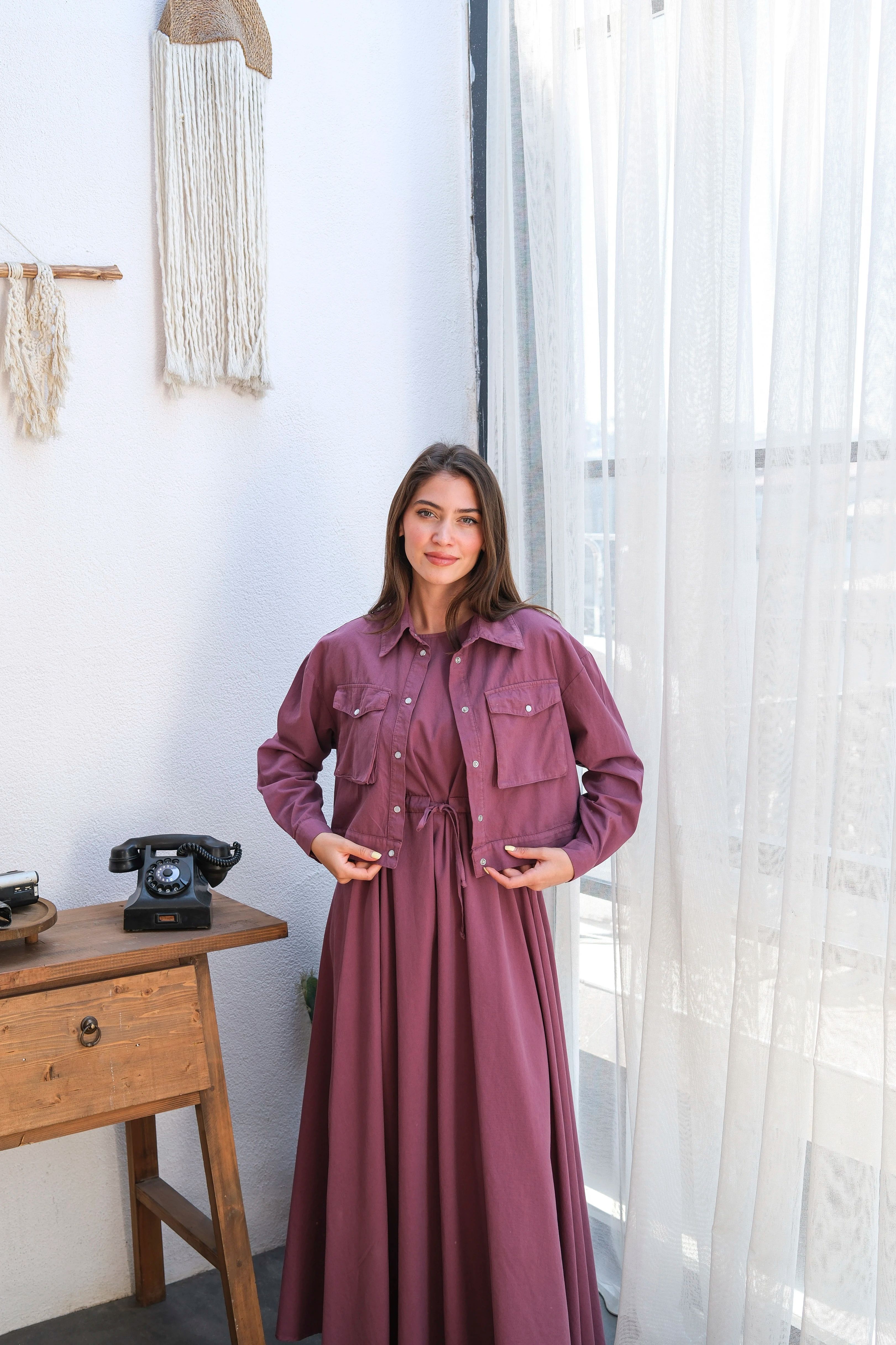 Toptan İnce Kot Kumaş Ceketi Çıtçıtlı İkili Elbise - BORDO