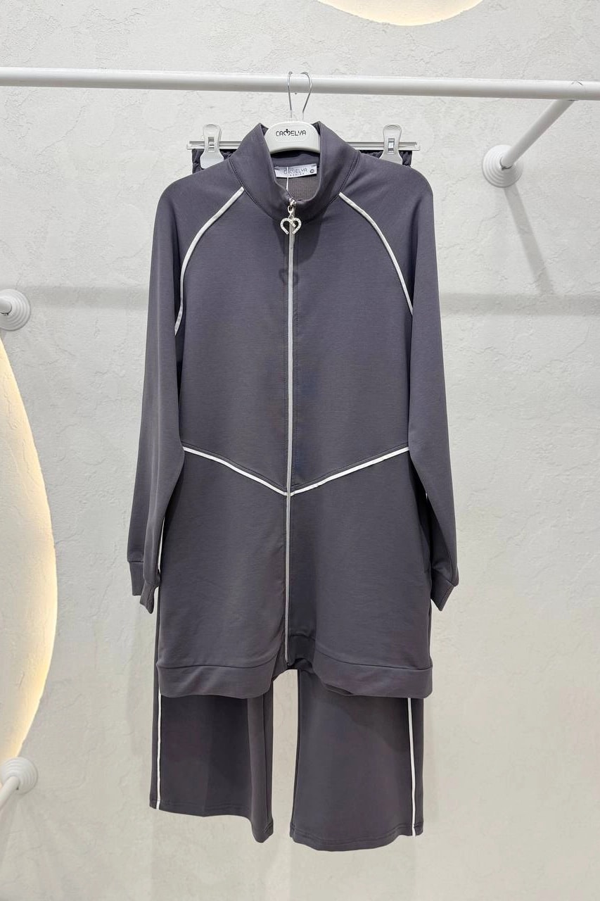 Toptan İki İplik Kumaş Şerit Detaylı Fermuarlı Battal Beden İkili Takım 