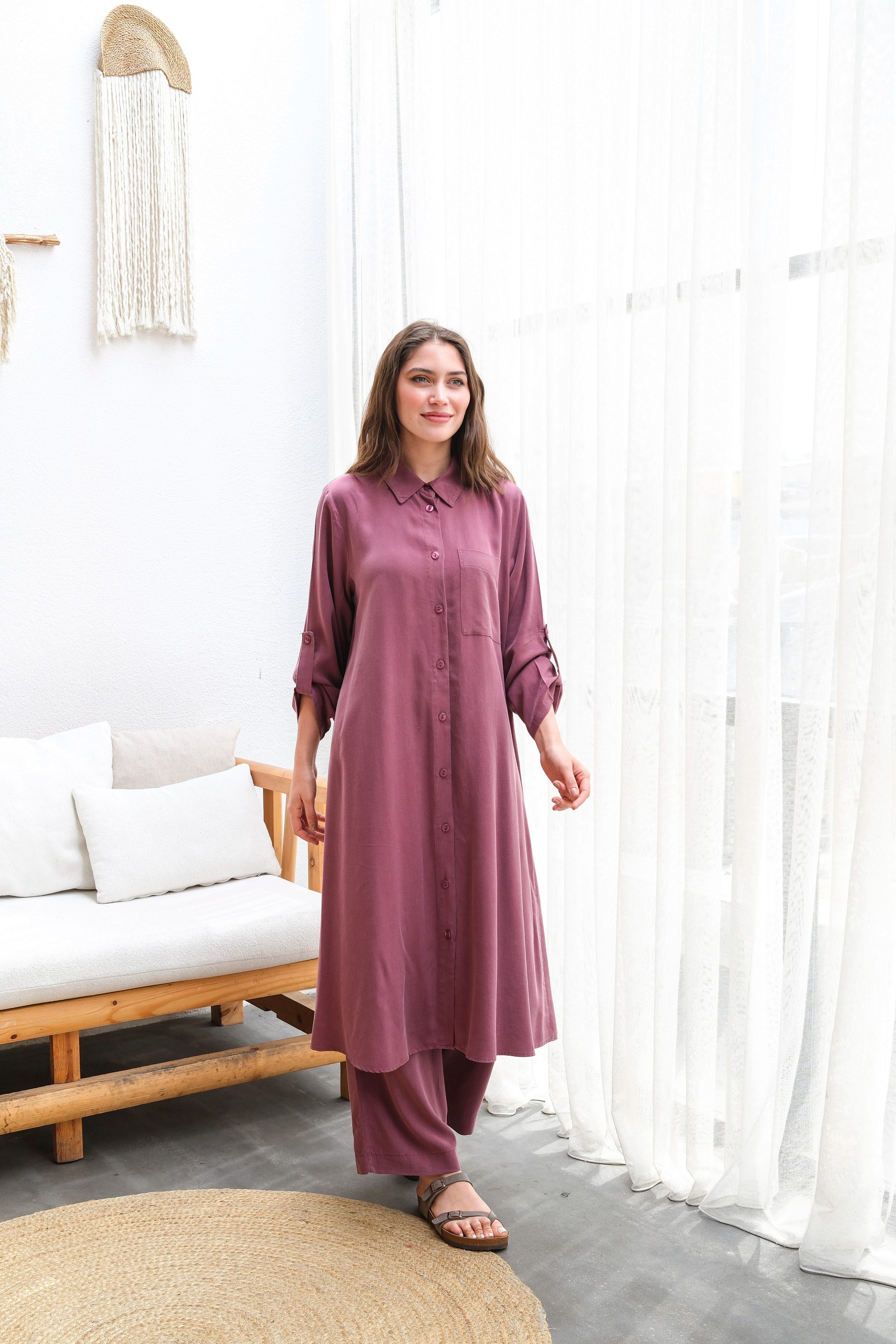 Toptan Tensel Kumaş Tuniği Uzun Düğmeli Battal Beden İkili Takım - BORDO