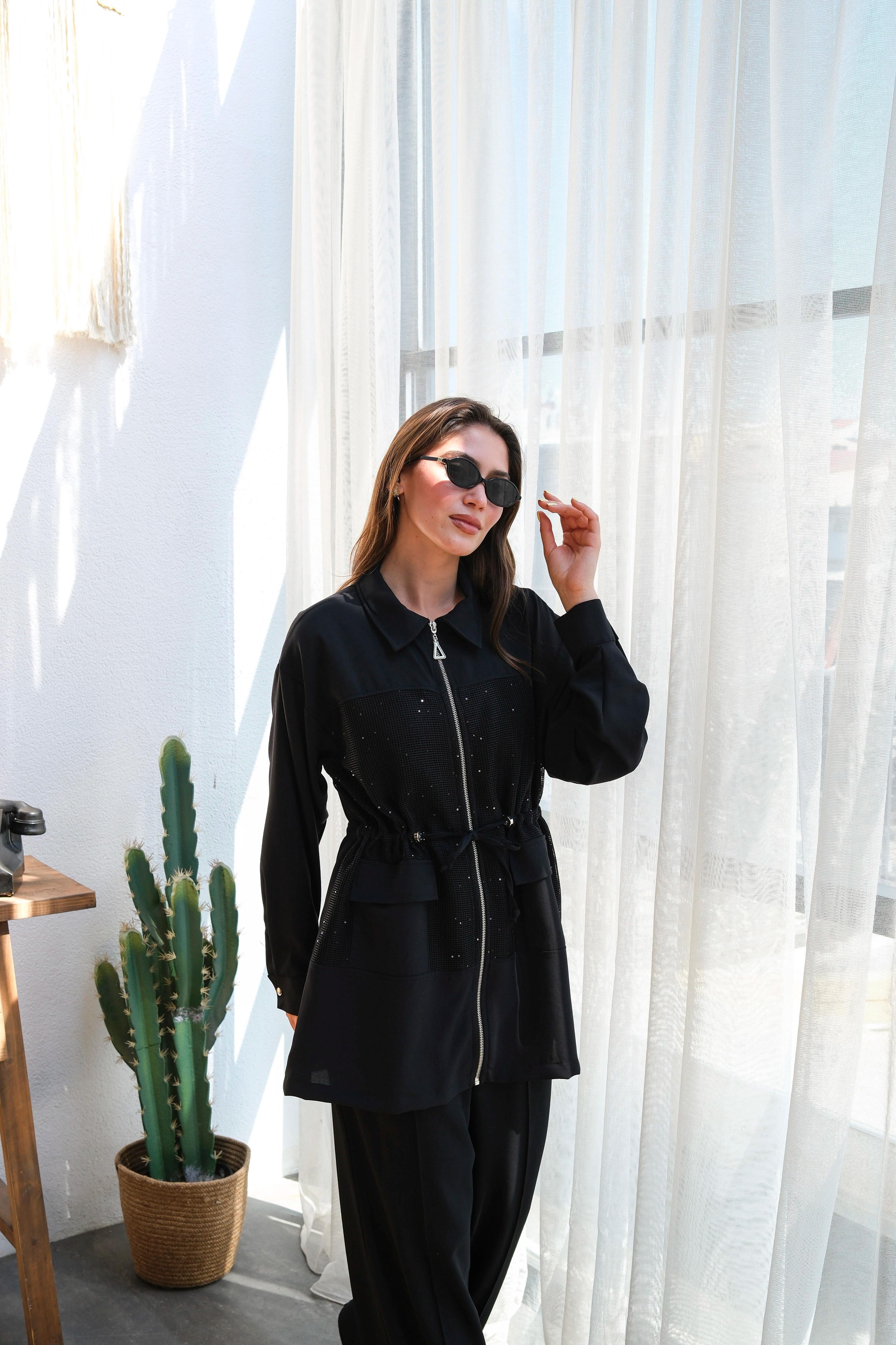 Toptan Linda Kumaş Pul Detaylı Belden Tünelli İkili Takım