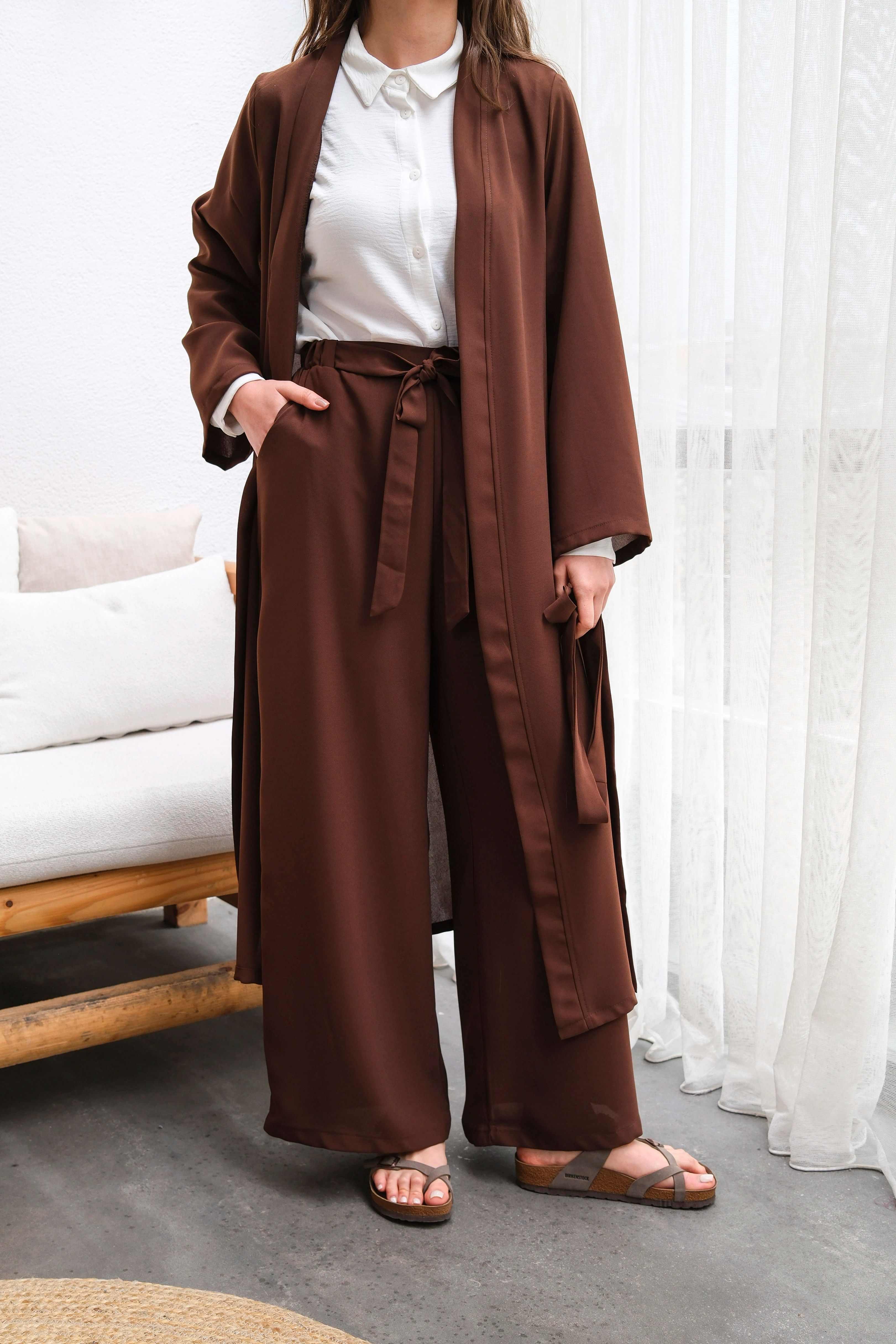 Wholesale Thin Crepe Fabric Belted Double Size Double Suit - b10634 Product Information - Brown